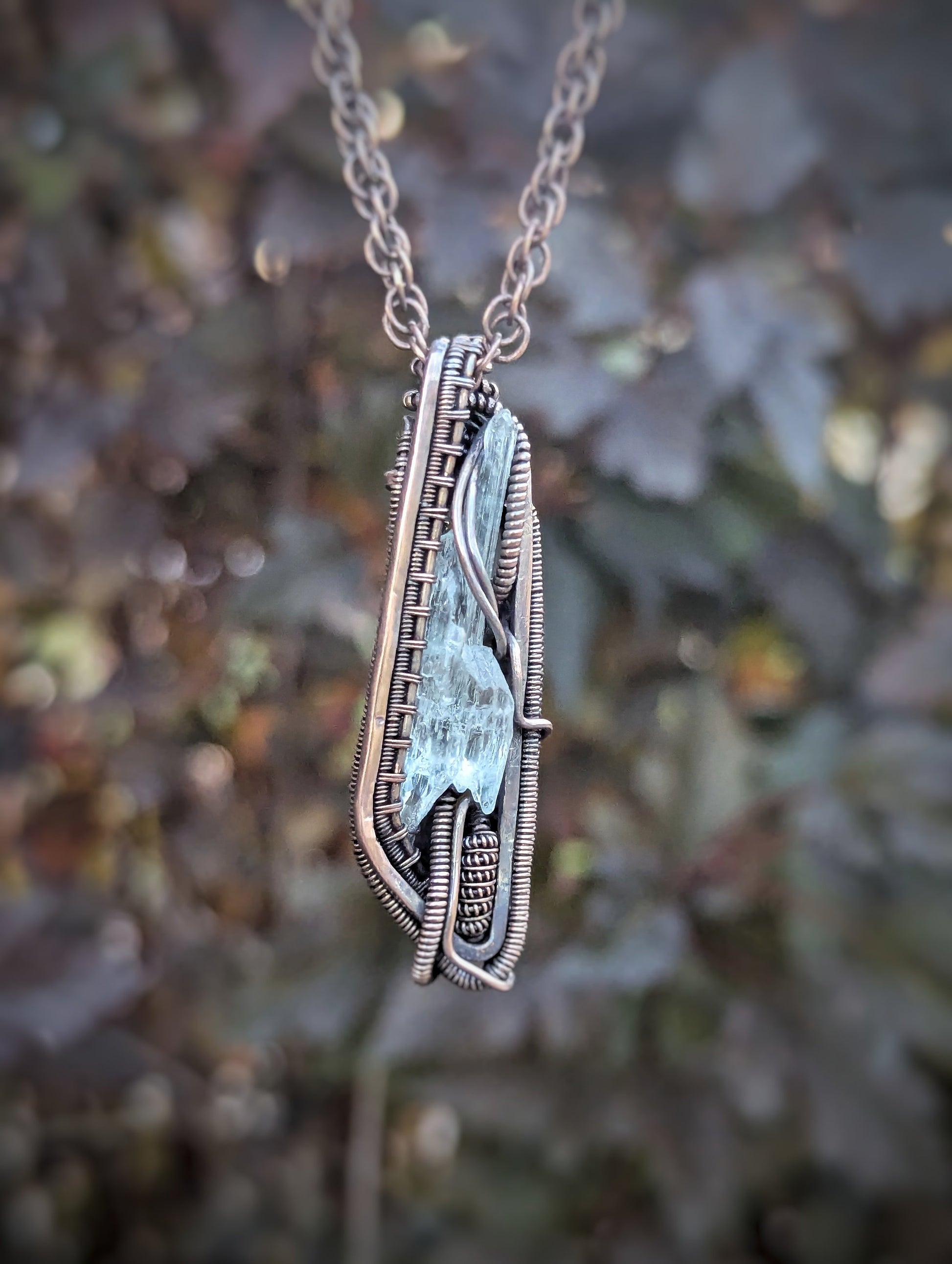 Etched Aquamarine Wire Wrapped Necklace