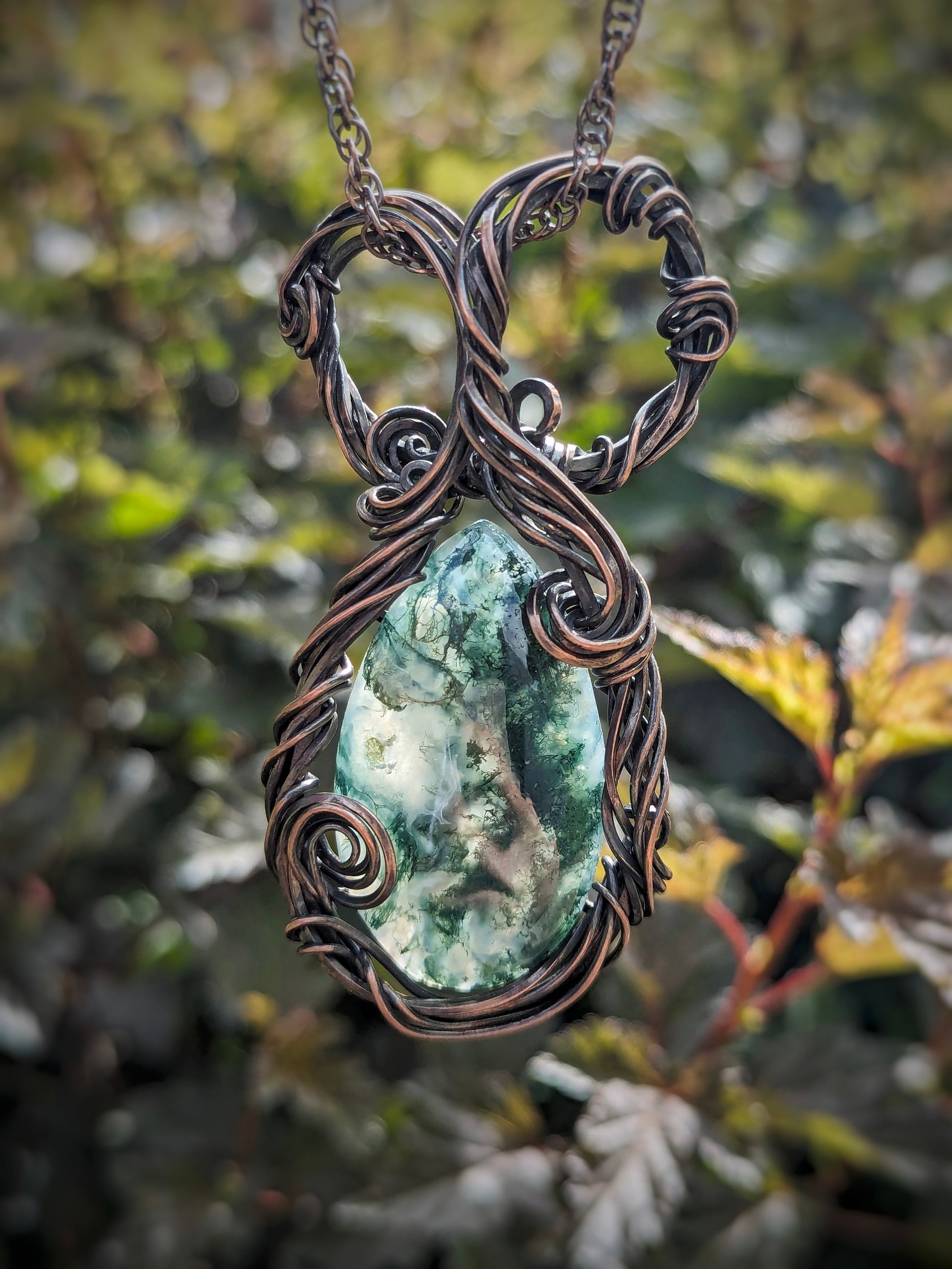 Filigree Moss Agate Wire Wrapped Pendant