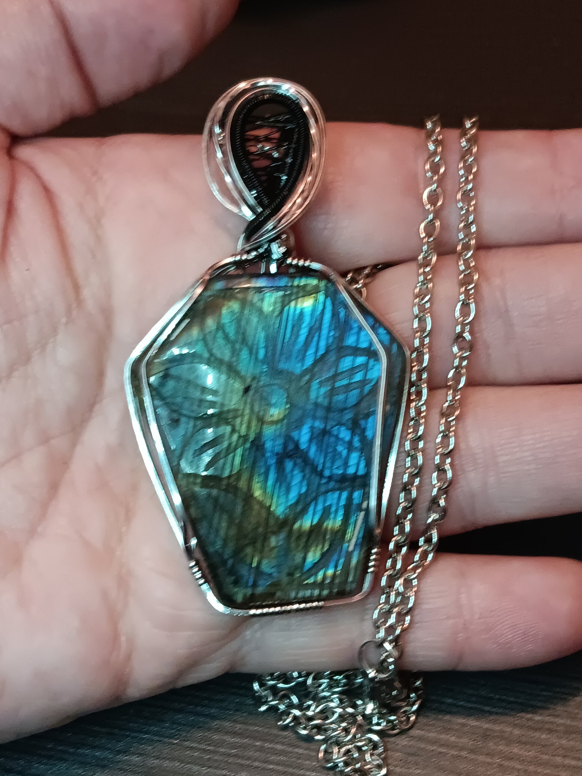 Carved Flower Labradorite Coffin Pendant