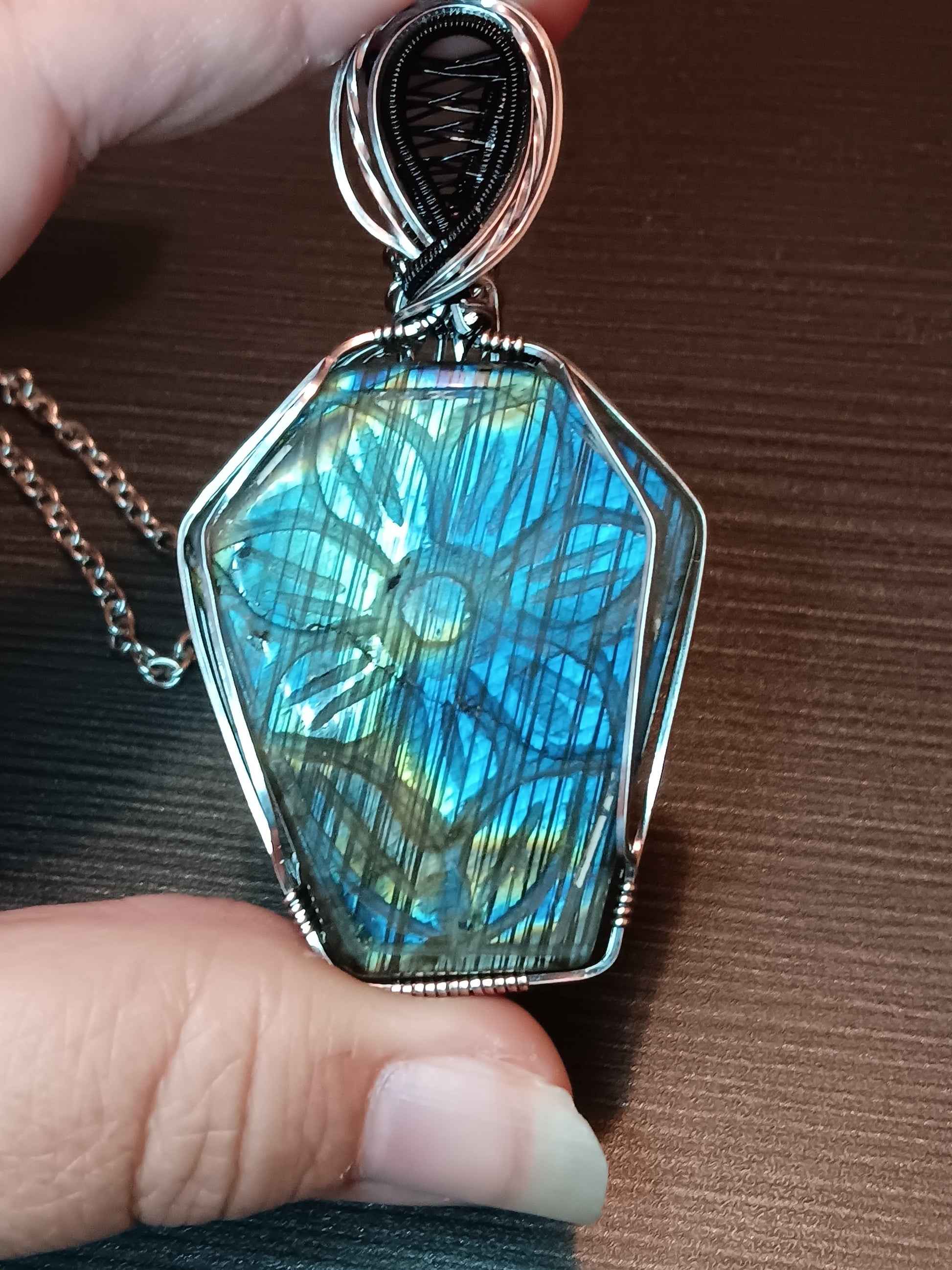 Carved Flower Labradorite Coffin Pendant