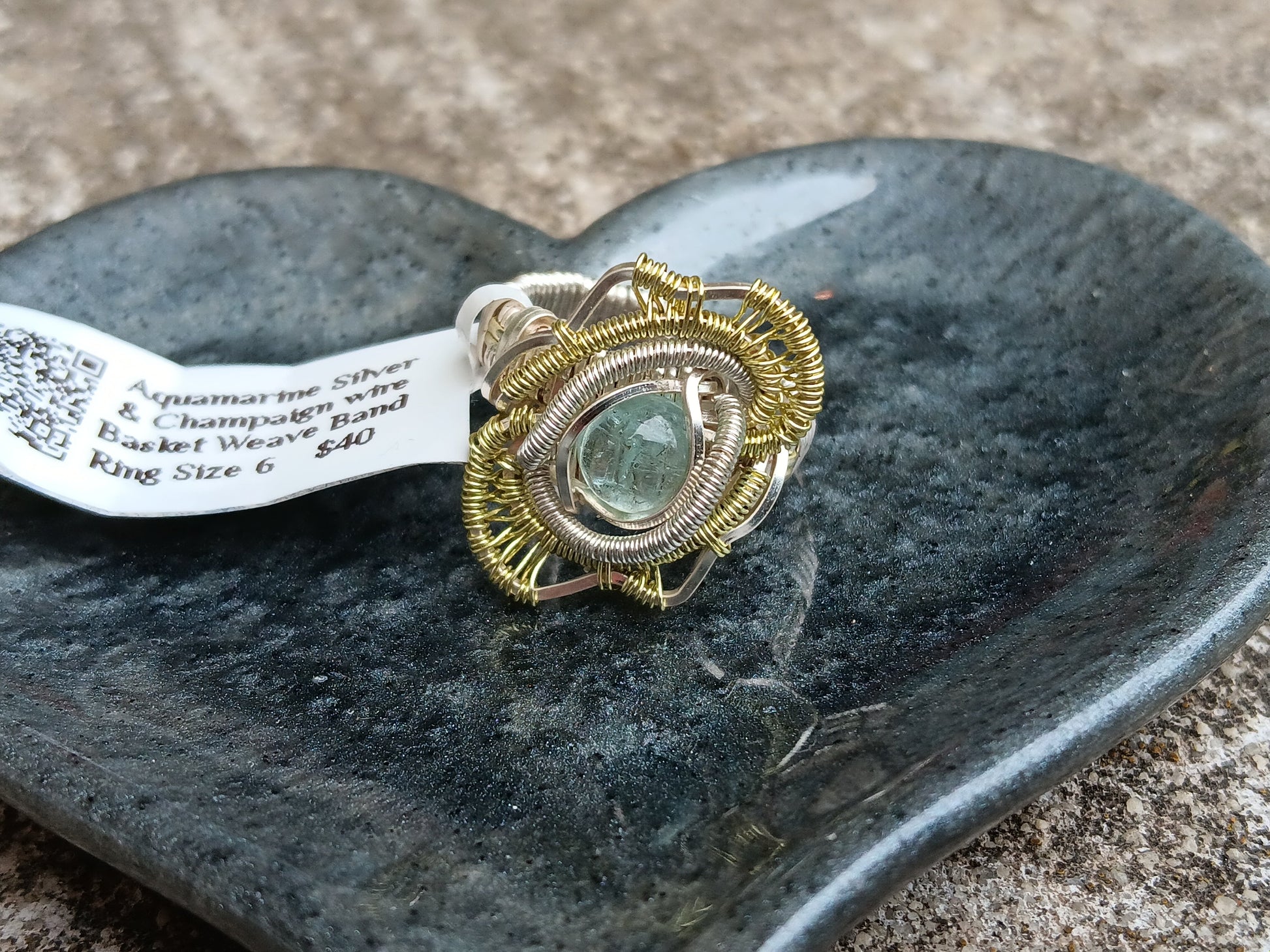 Anemone ring,  Aquamarine Silver and Champaign Gold Ring size 6