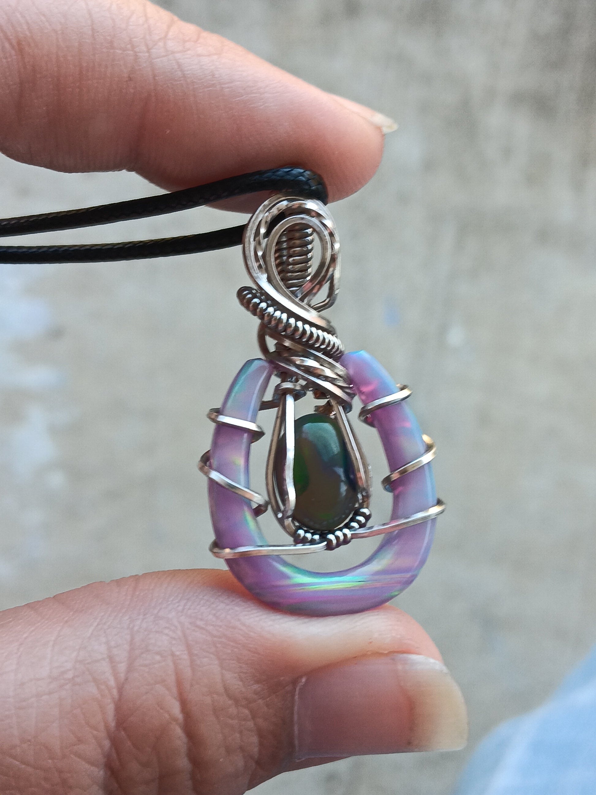 Aurora Opal Horseshoe with Black Opal Pendant