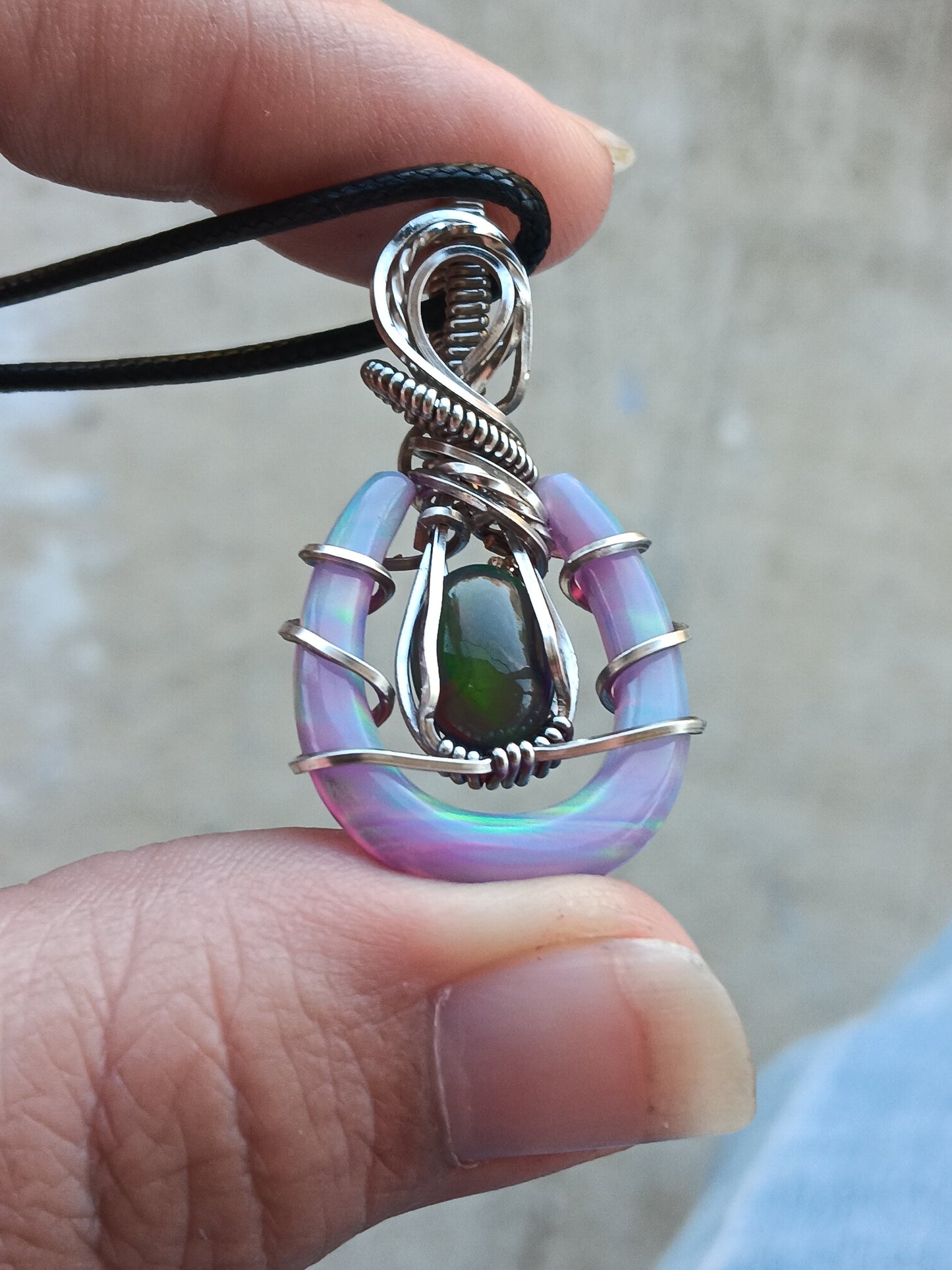 Aurora Opal Horseshoe with Black Opal Pendant