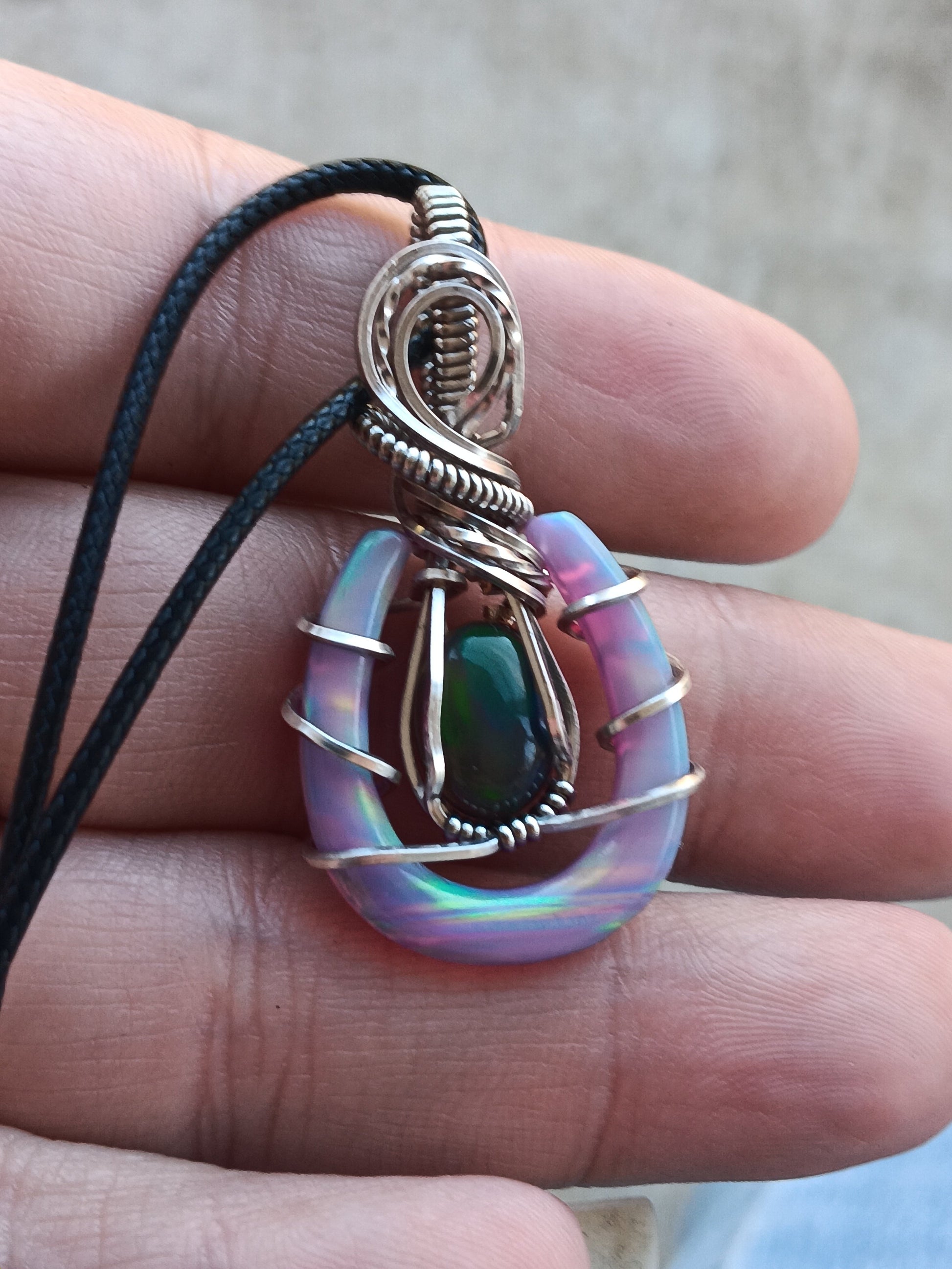 Aurora Opal Horseshoe with Black Opal Pendant