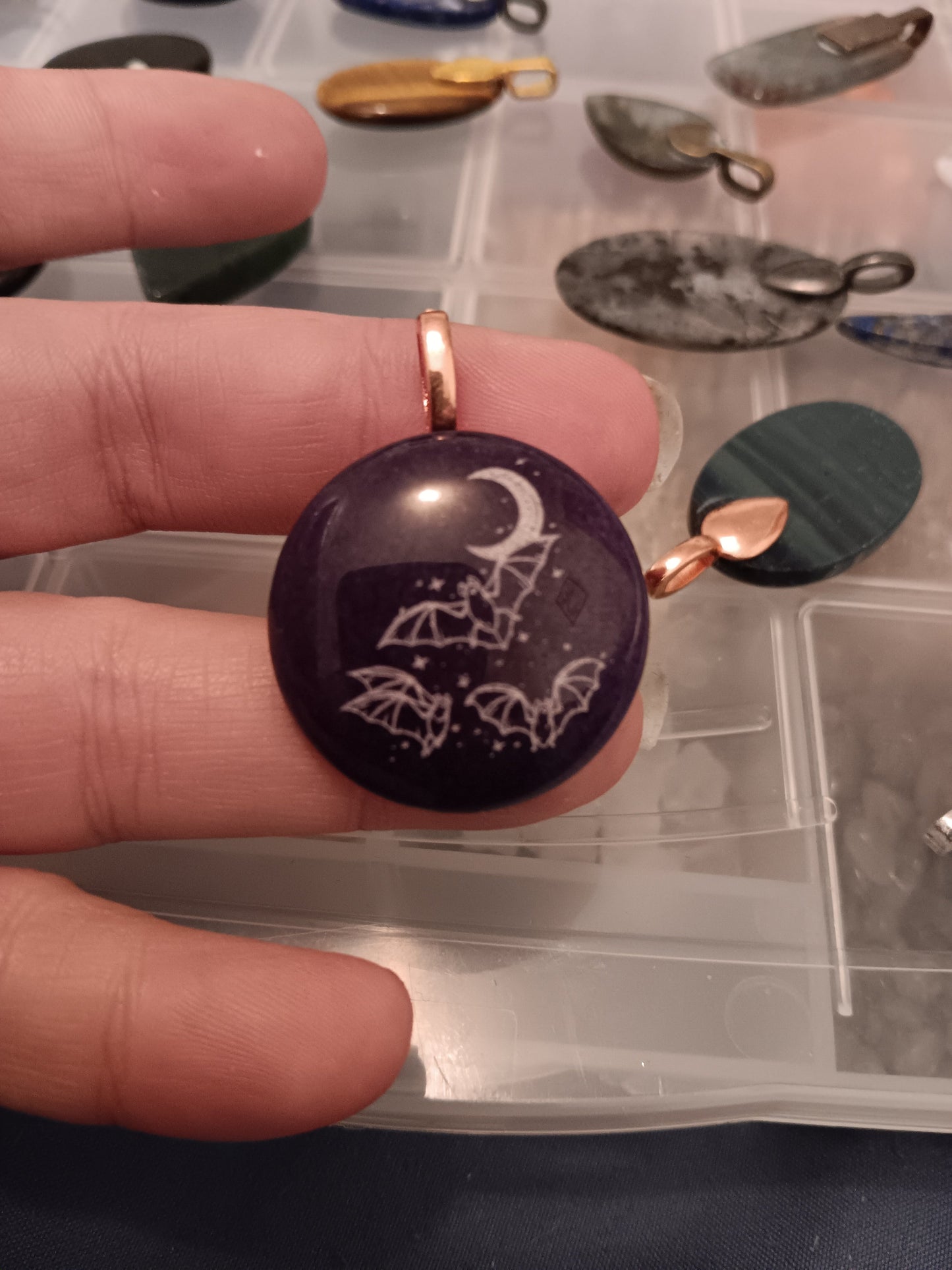 Flying Bats Moon Engraved Purple Jade Simple Bail Pendant