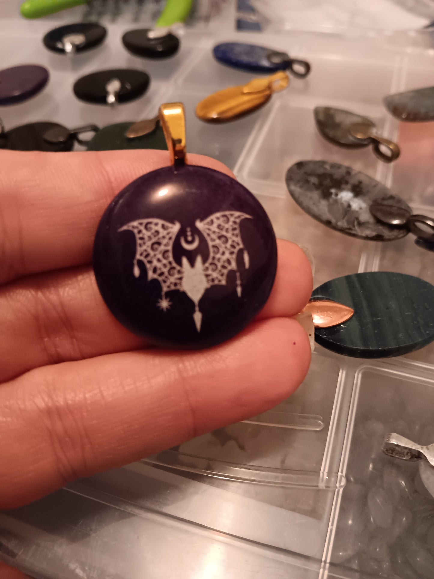 Purple Onyx Bat Engraved Simple Bail Pendant