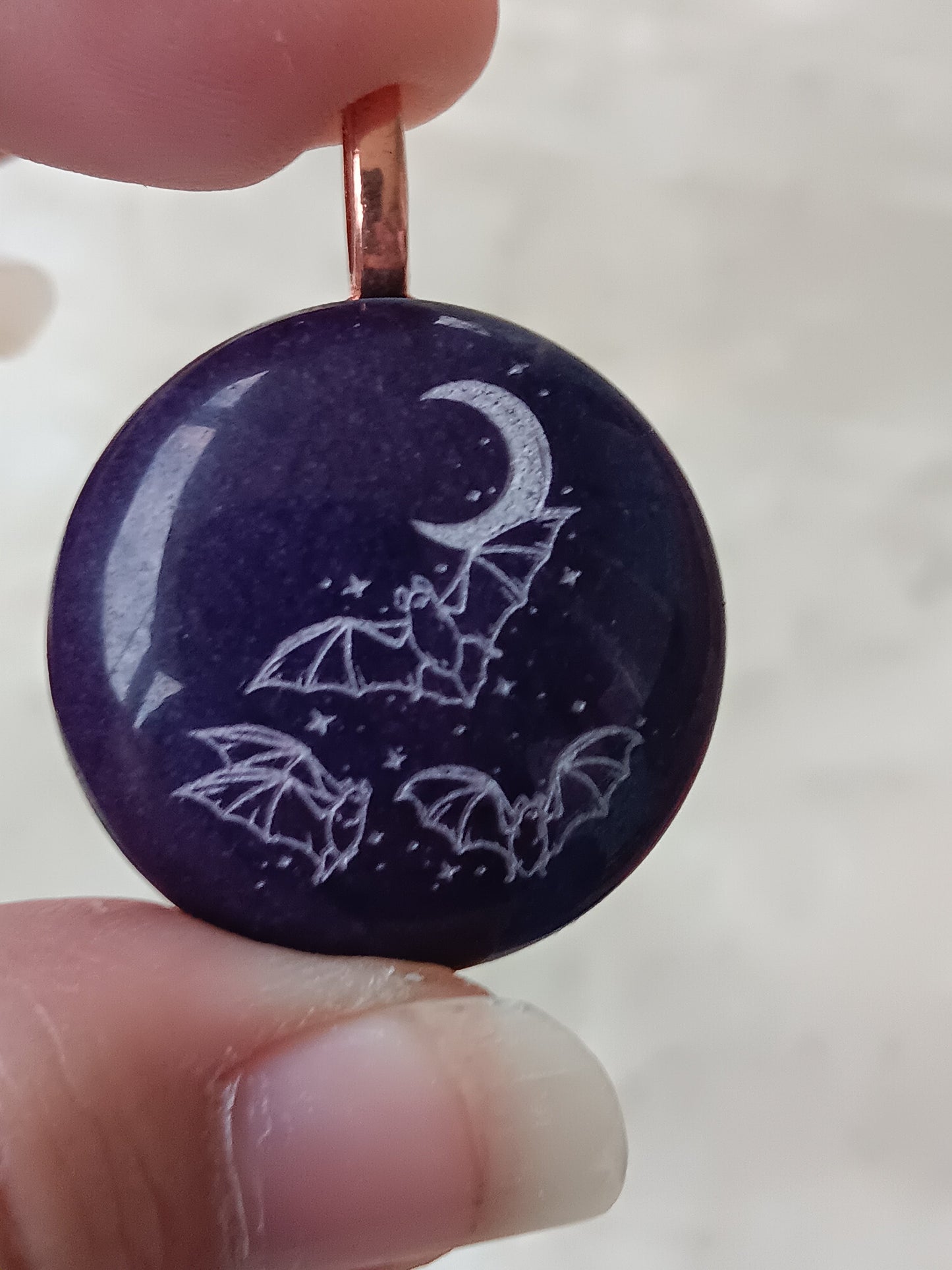 Flying Bats Moon Engraved Purple Jade Simple Bail Pendant