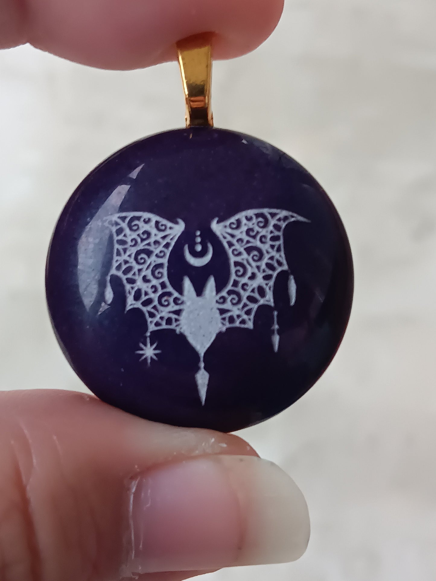 Purple Onyx Bat Engraved Simple Bail Pendant