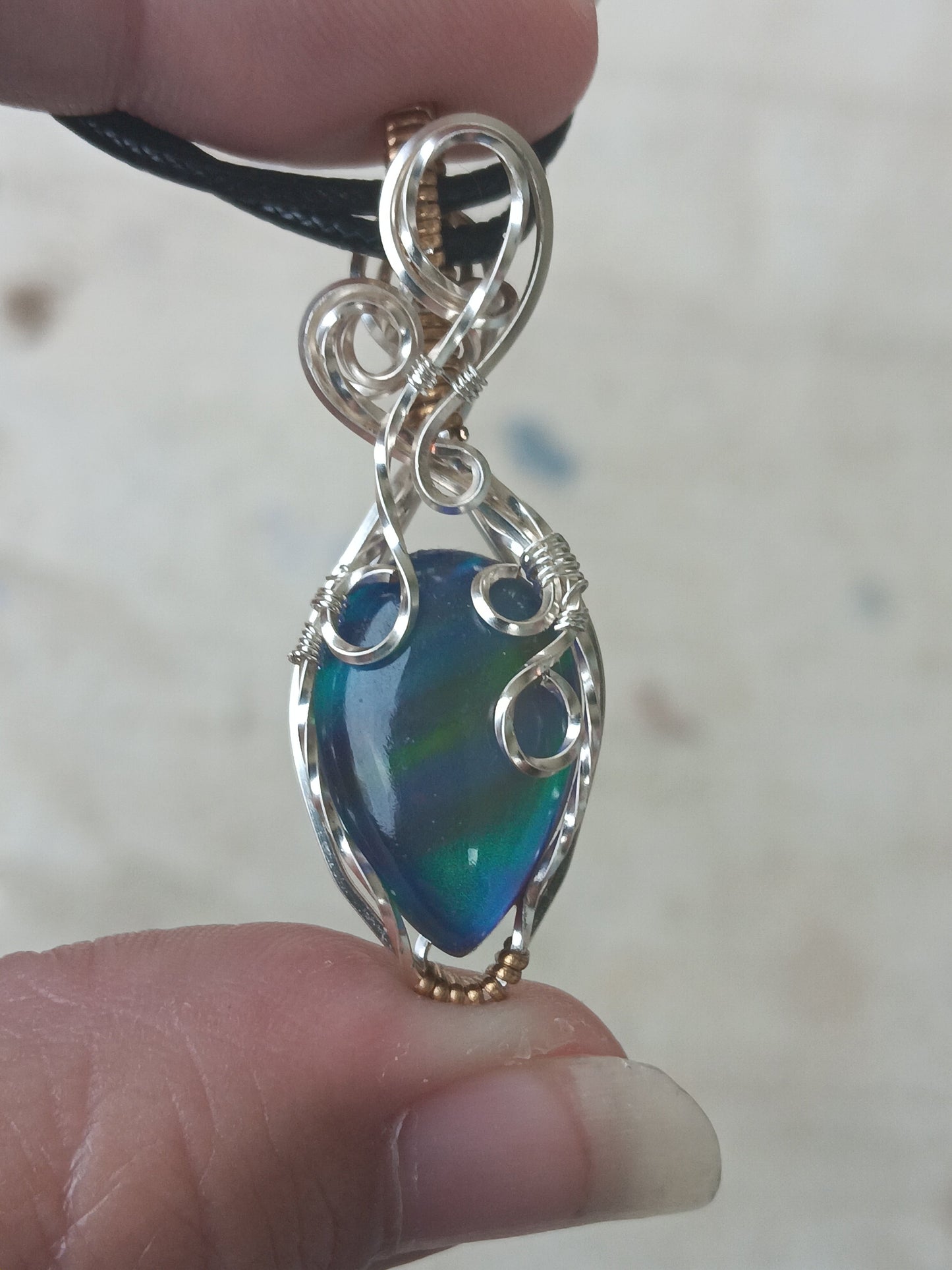 Blue/Purple Aurora Opal Mixed Metals Wire Wrapped Pendant