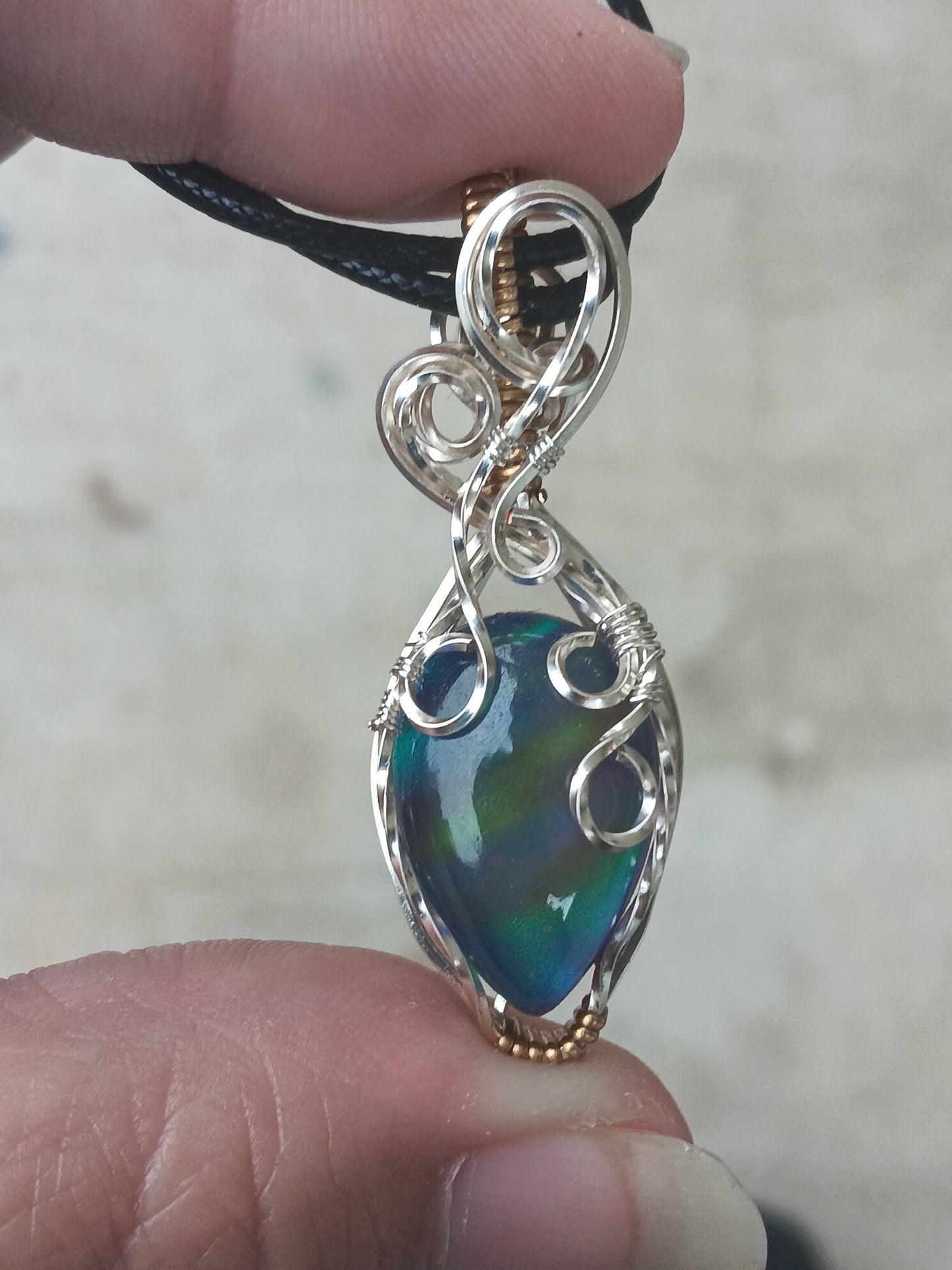 Blue/Purple Aurora Opal Mixed Metals Wire Wrapped Pendant