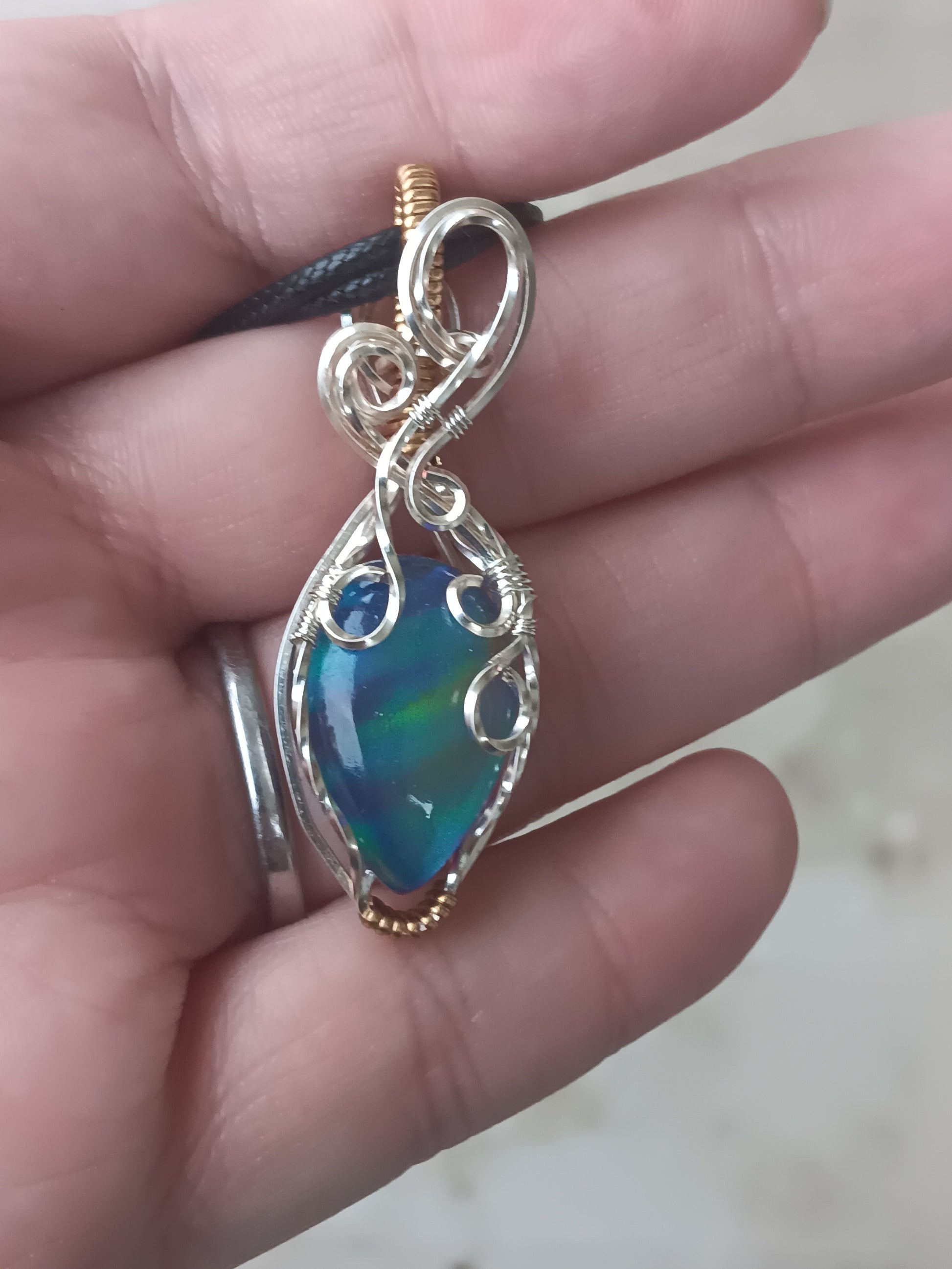 Blue/Purple Aurora Opal Mixed Metals Wire Wrapped Pendant