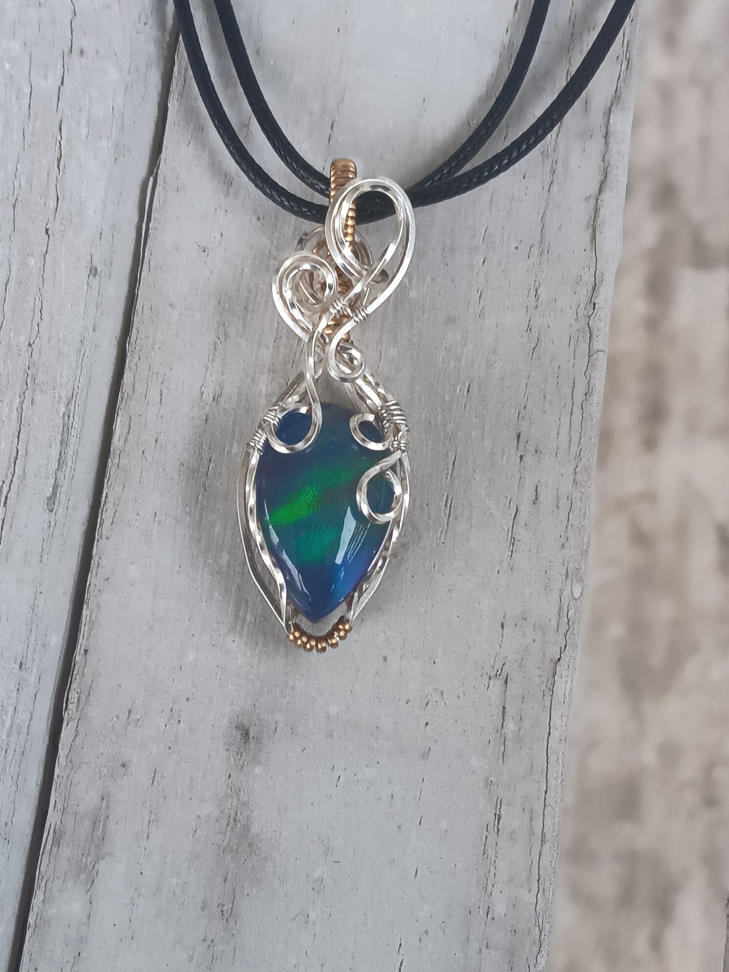 Blue/Purple Aurora Opal Mixed Metals Wire Wrapped Pendant