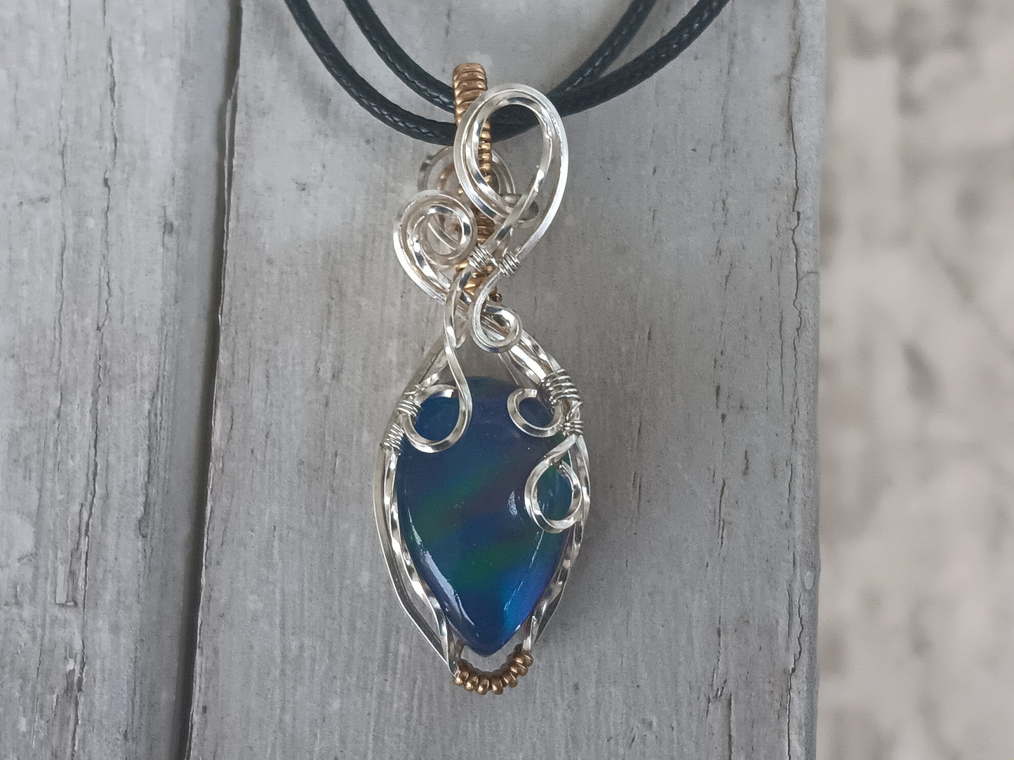 Blue/Purple Aurora Opal Mixed Metals Wire Wrapped Pendant