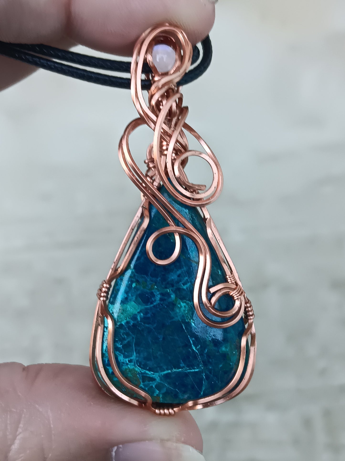 Shattuckite Pendant with Rainbow Moonstone Accent