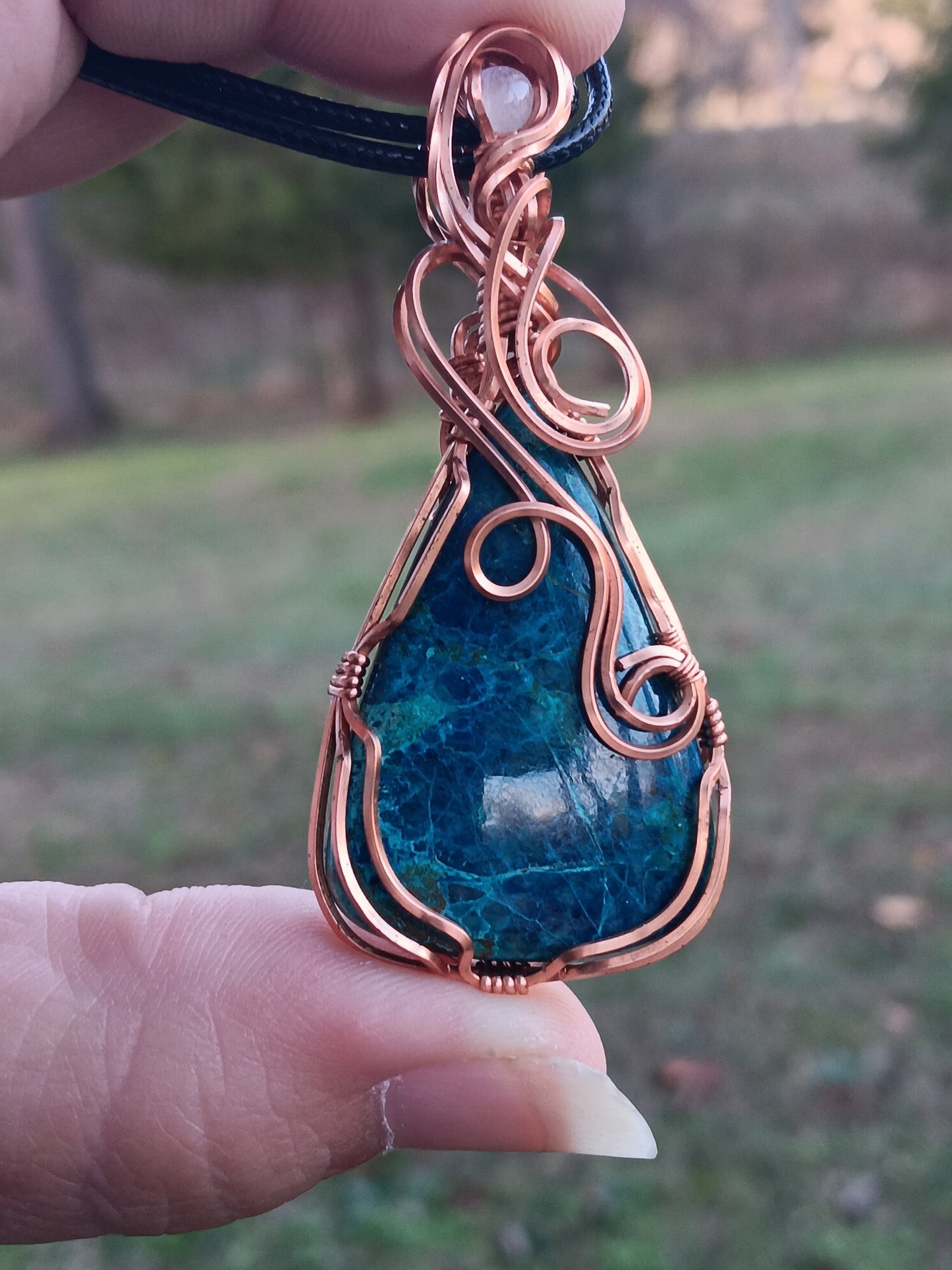 Shattuckite Pendant with Rainbow Moonstone Accent