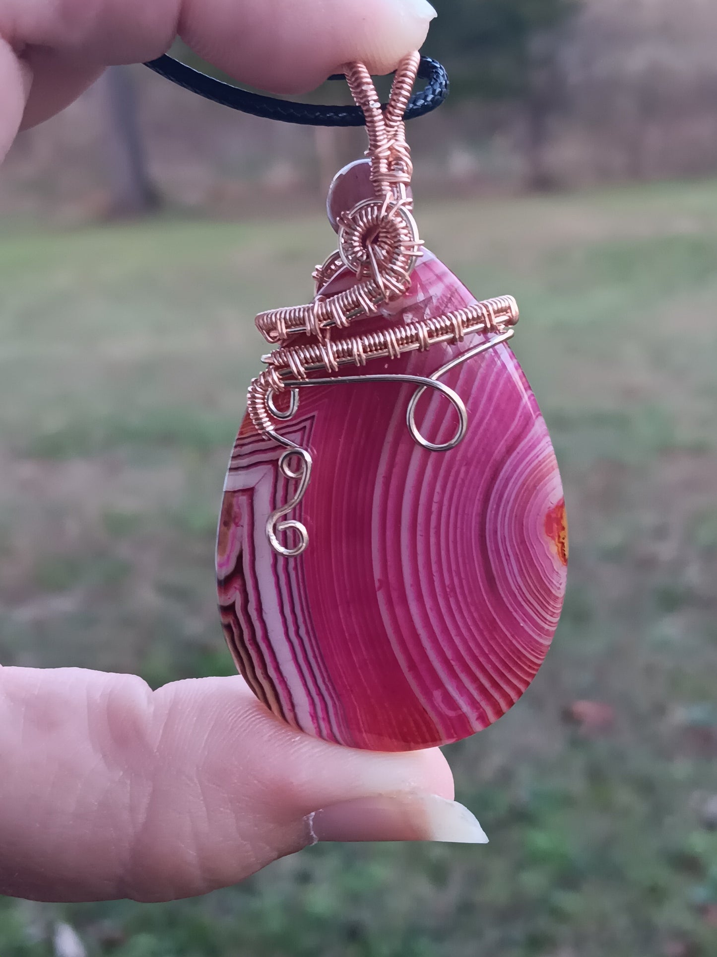 Pink Banded Agate w/ Purple Tigers Eye Rose Gold Pendant