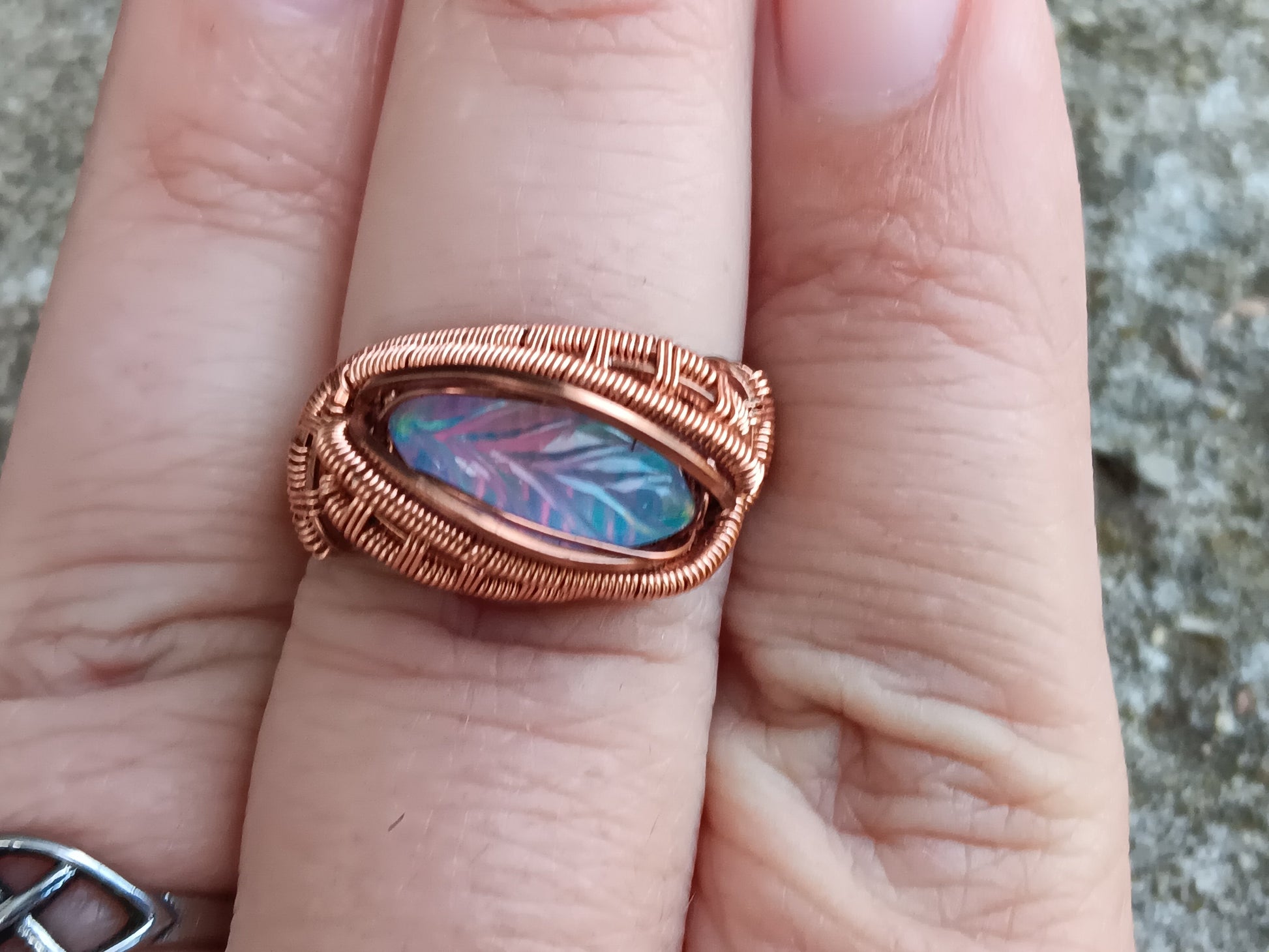 Leaf of Fall, Aurora Opal Copper Ring sz 9.5