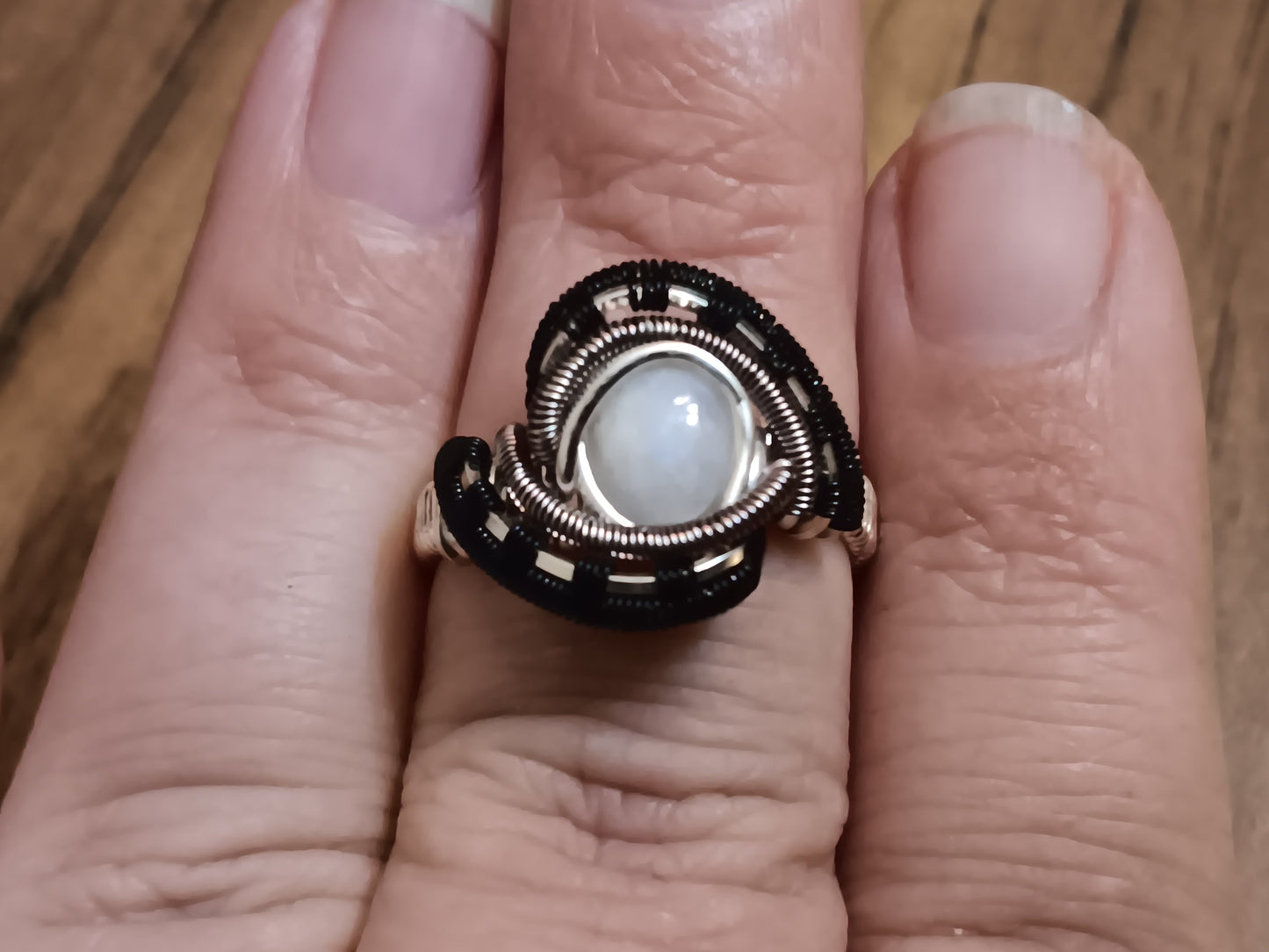 Eyes Wide Open, Rainbow Moonstone Mixed Metals Woven Ring size 8