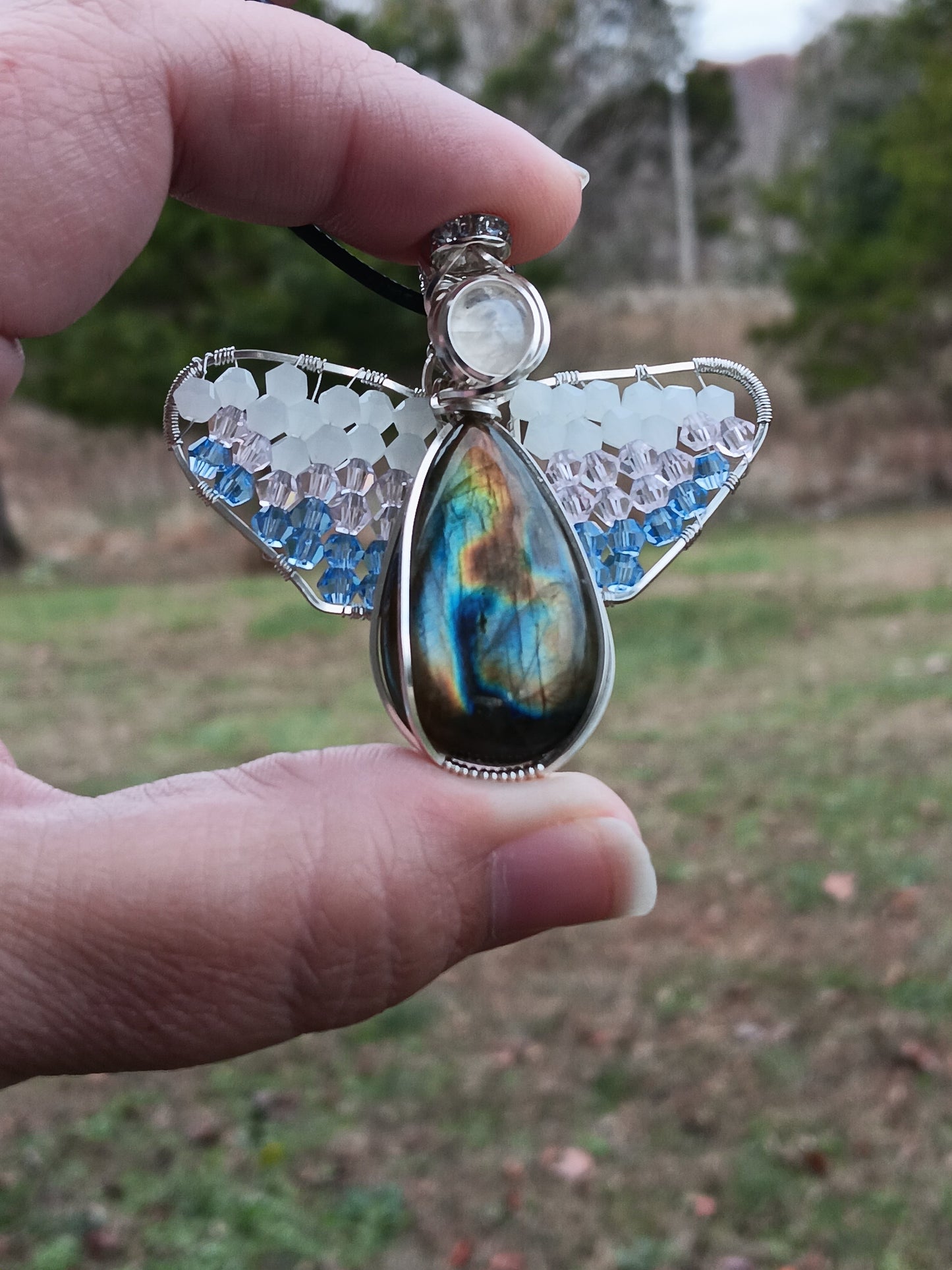 Labradorite and Rainbow Moonstone Angel Pendant