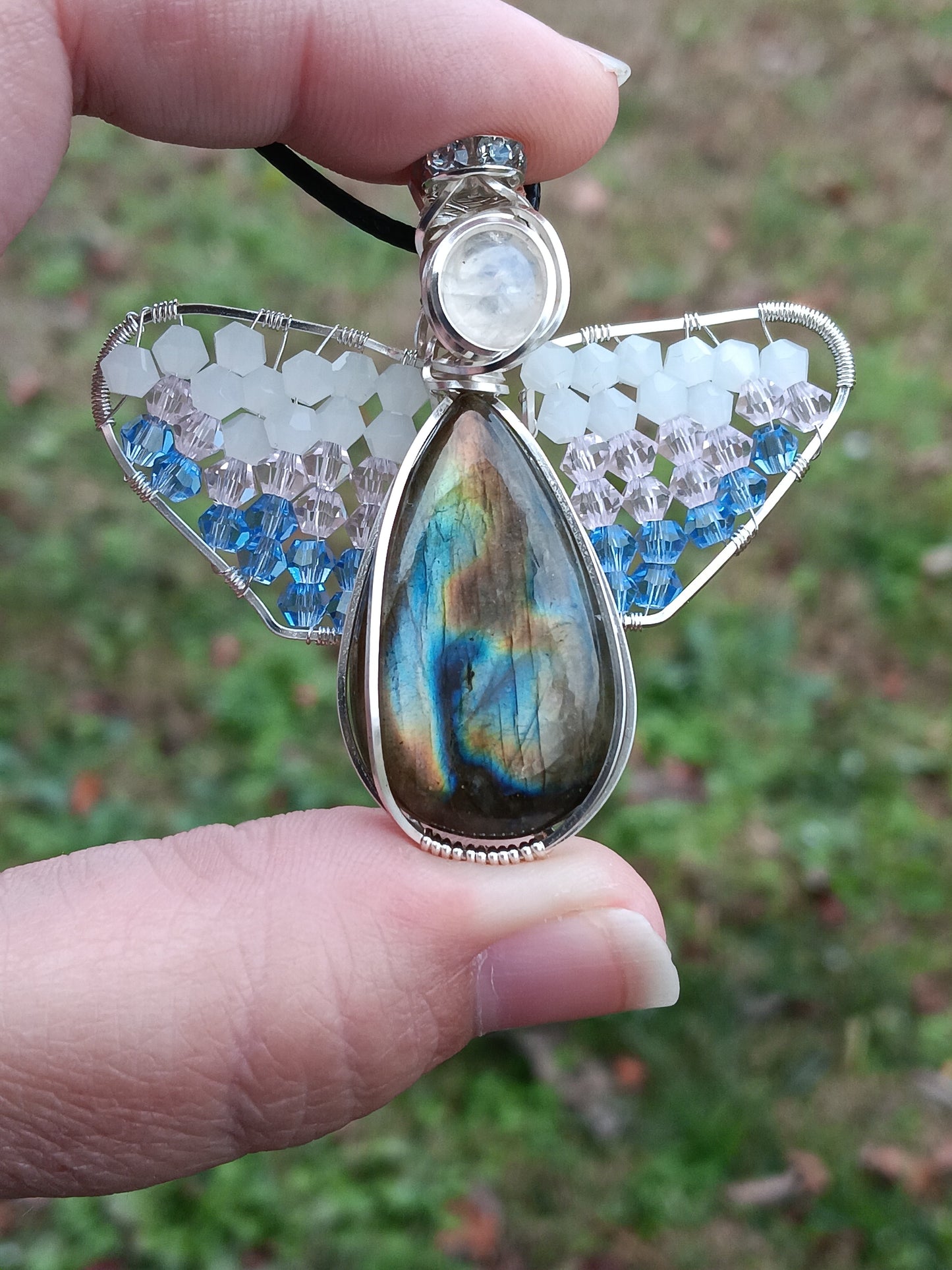 Labradorite and Rainbow Moonstone Angel Pendant