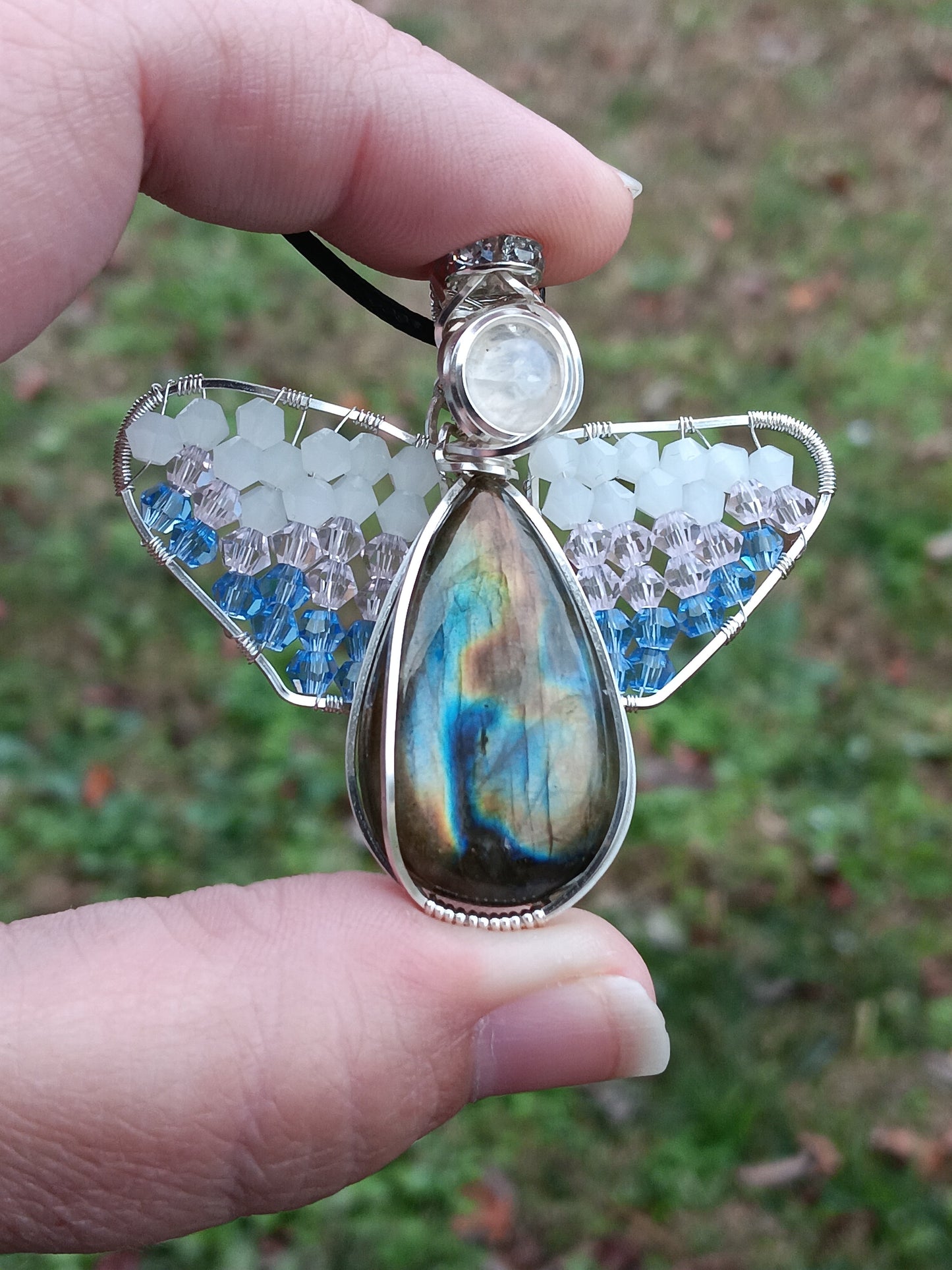 Labradorite and Rainbow Moonstone Angel Pendant