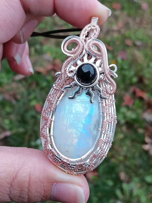 Rainbow Moonstone and Rainbow Obsidian Wire Woven Pendant