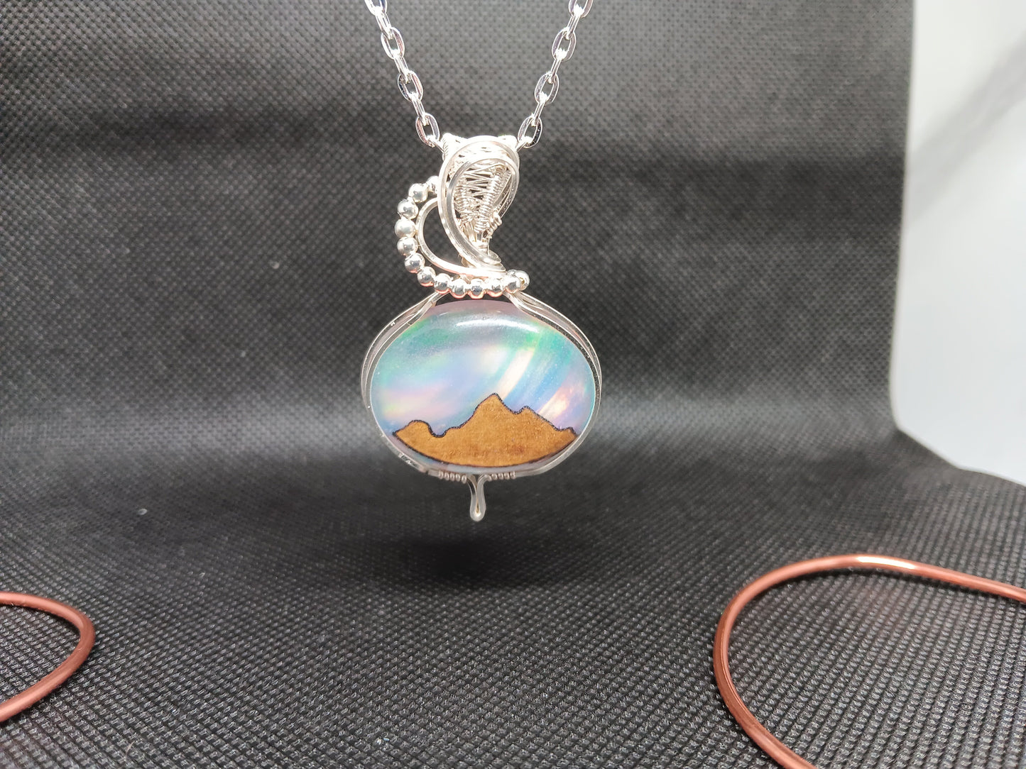 Aurora Opal with Wood Mountains Inlayed Doublet Silver Pendant