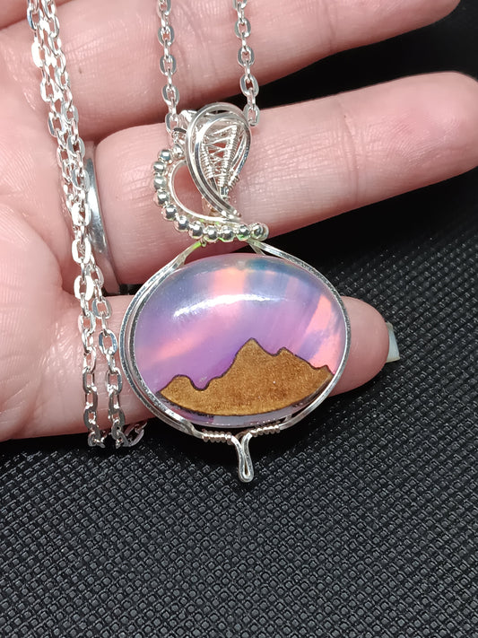 Aurora Opal with Wood Mountains Inlayed Doublet Silver Pendant