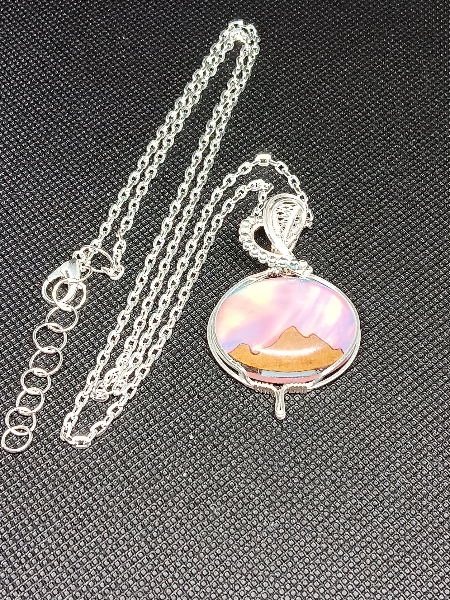 Aurora Opal with Wood Mountains Inlayed Doublet Silver Pendant