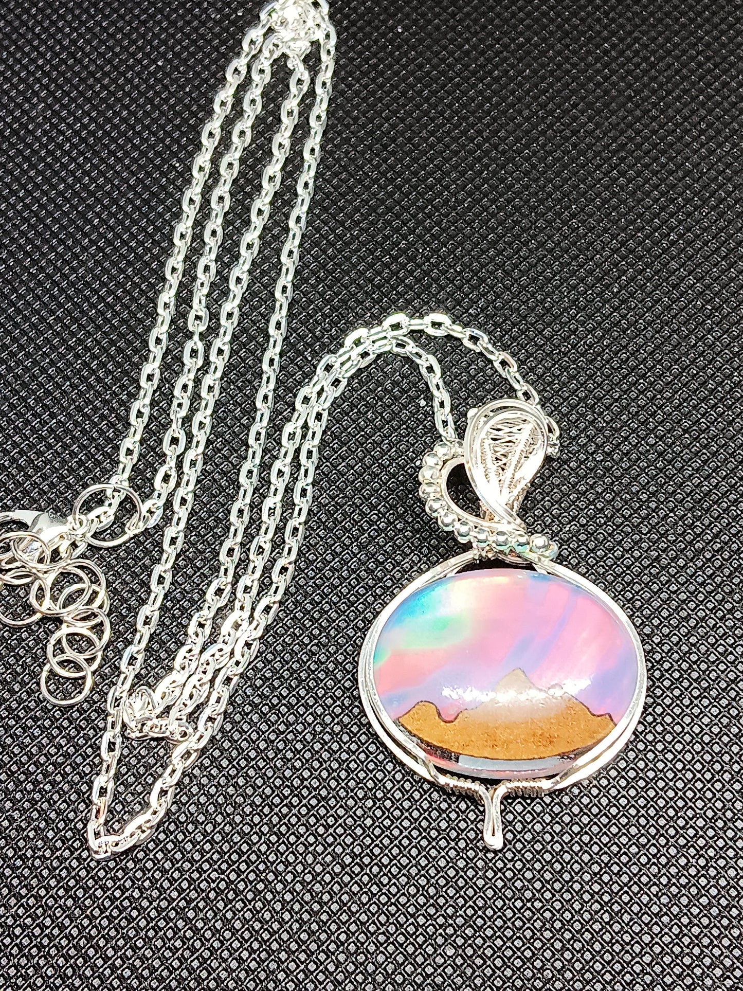 Aurora Opal with Wood Mountains Inlayed Doublet Silver Pendant