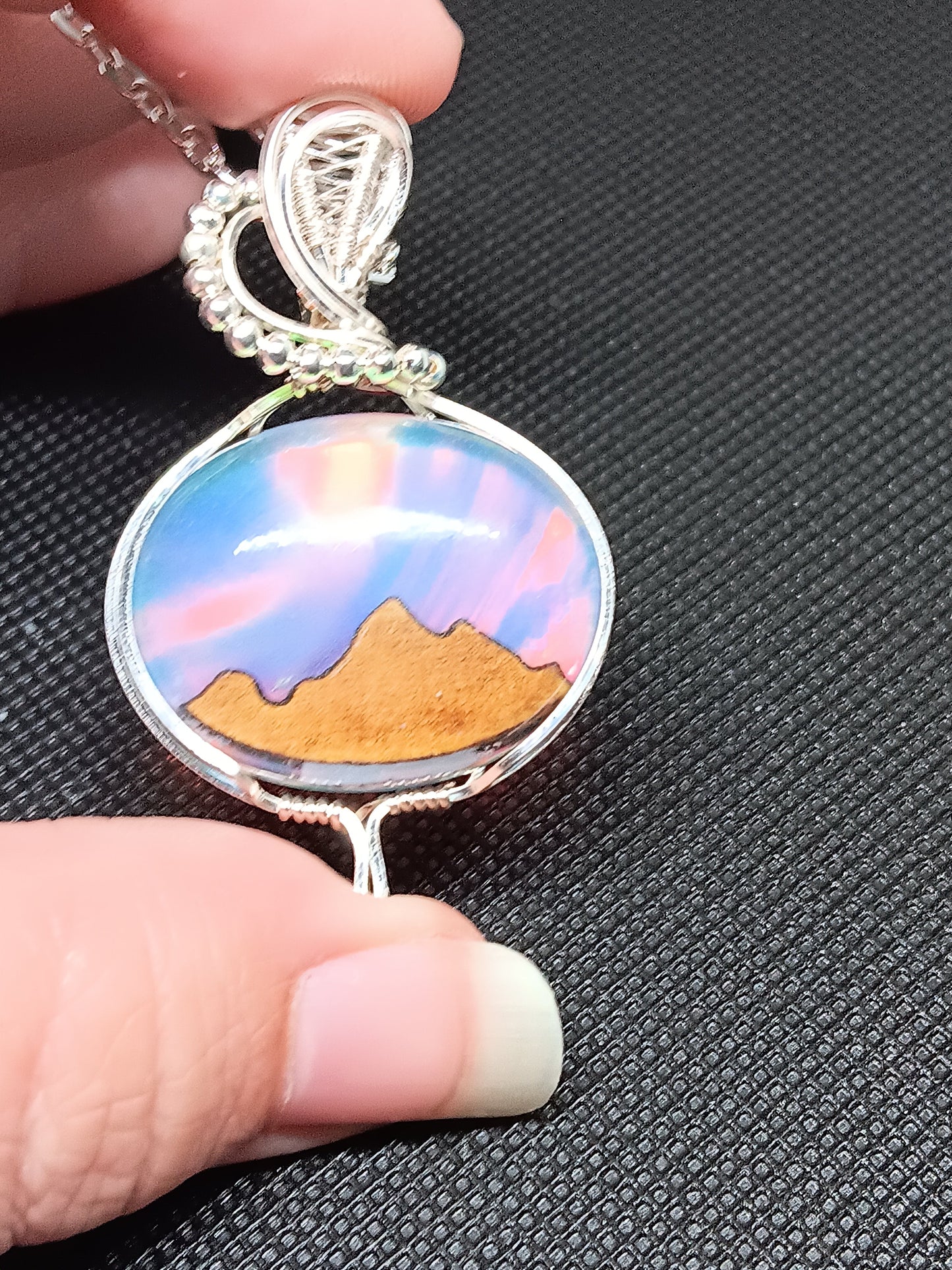 Aurora Opal with Wood Mountains Inlayed Doublet Silver Pendant