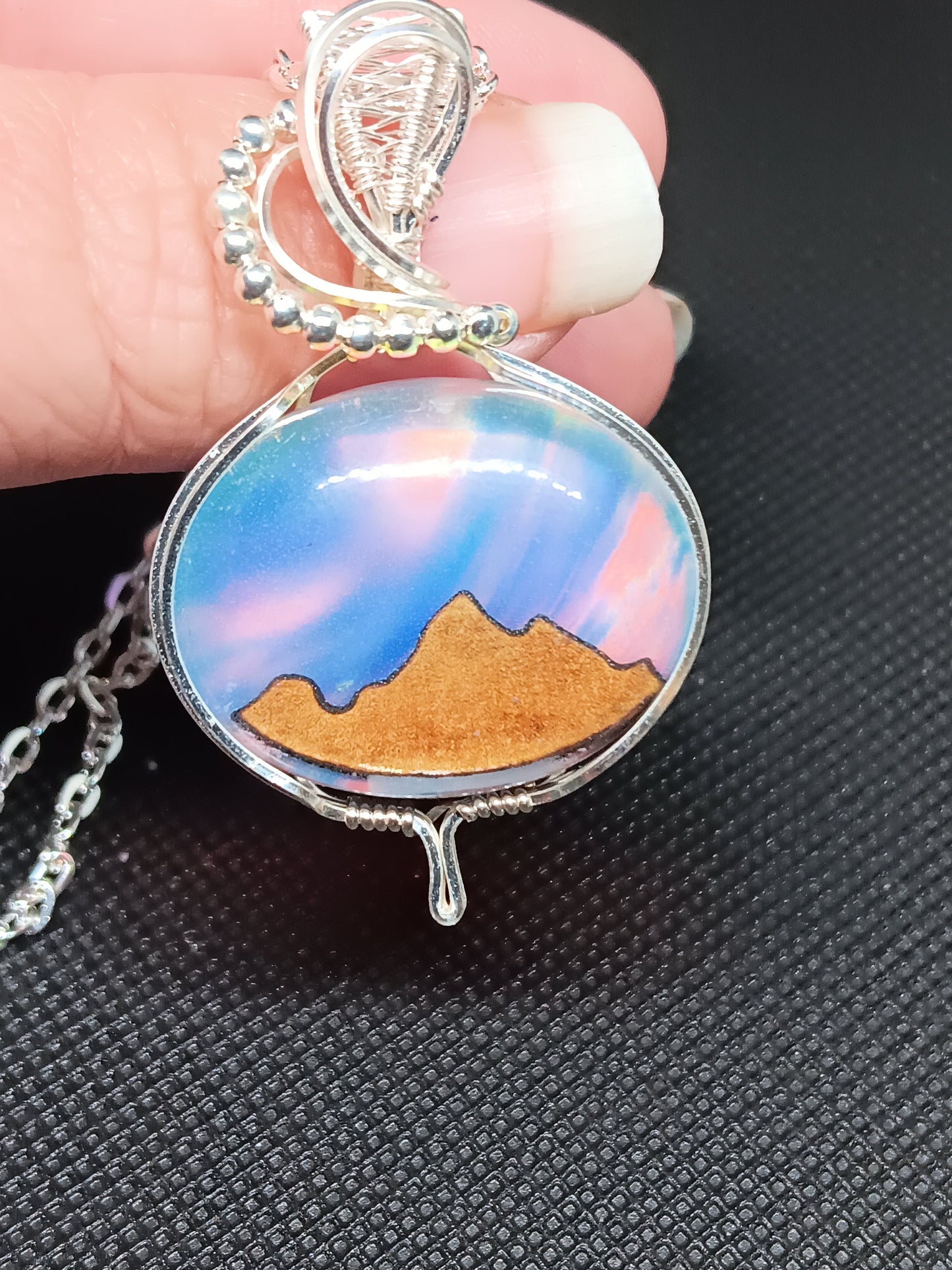 Aurora Opal with Wood Mountains Inlayed Doublet Silver Pendant