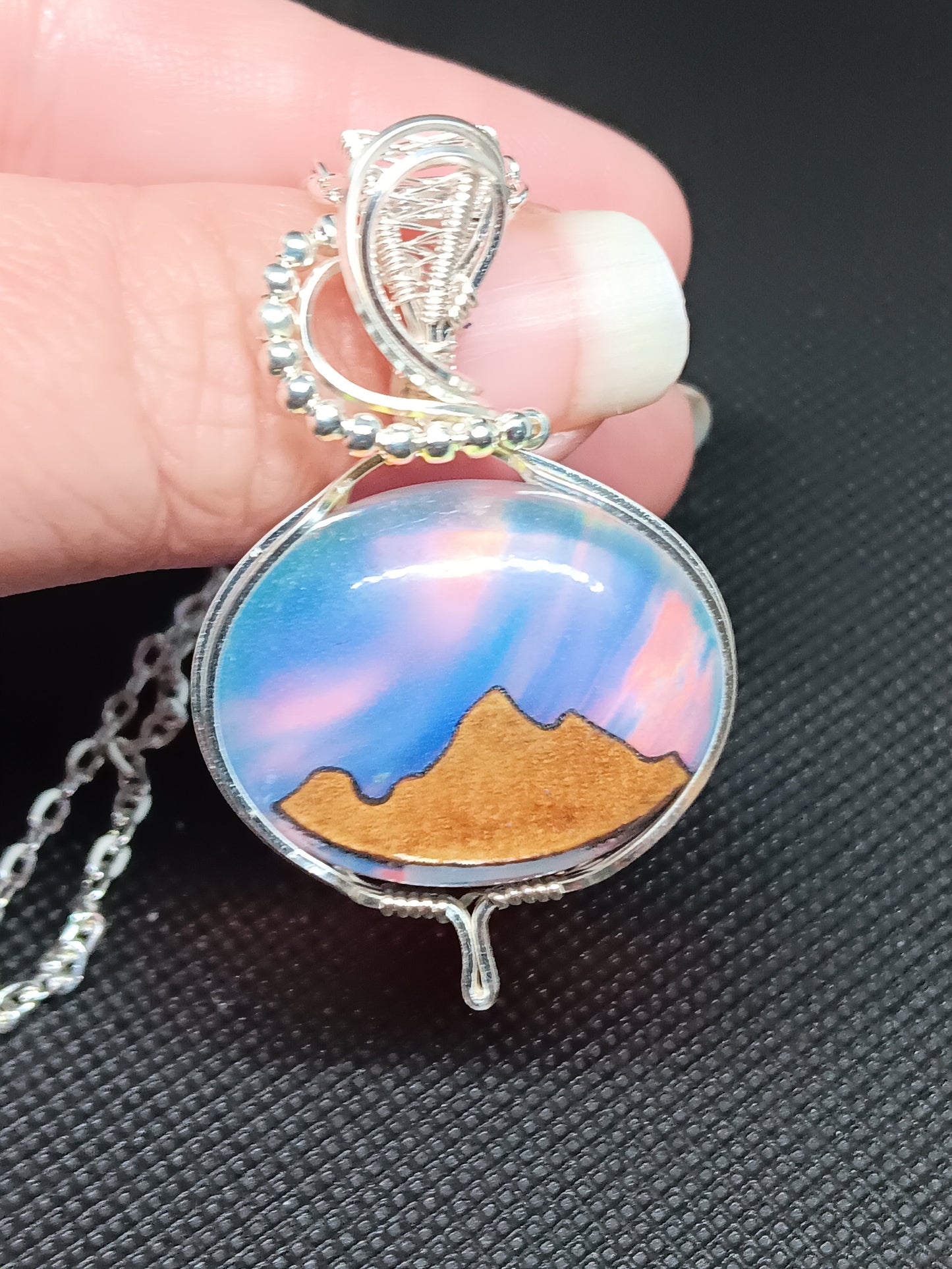 Aurora Opal with Wood Mountains Inlayed Doublet Silver Pendant