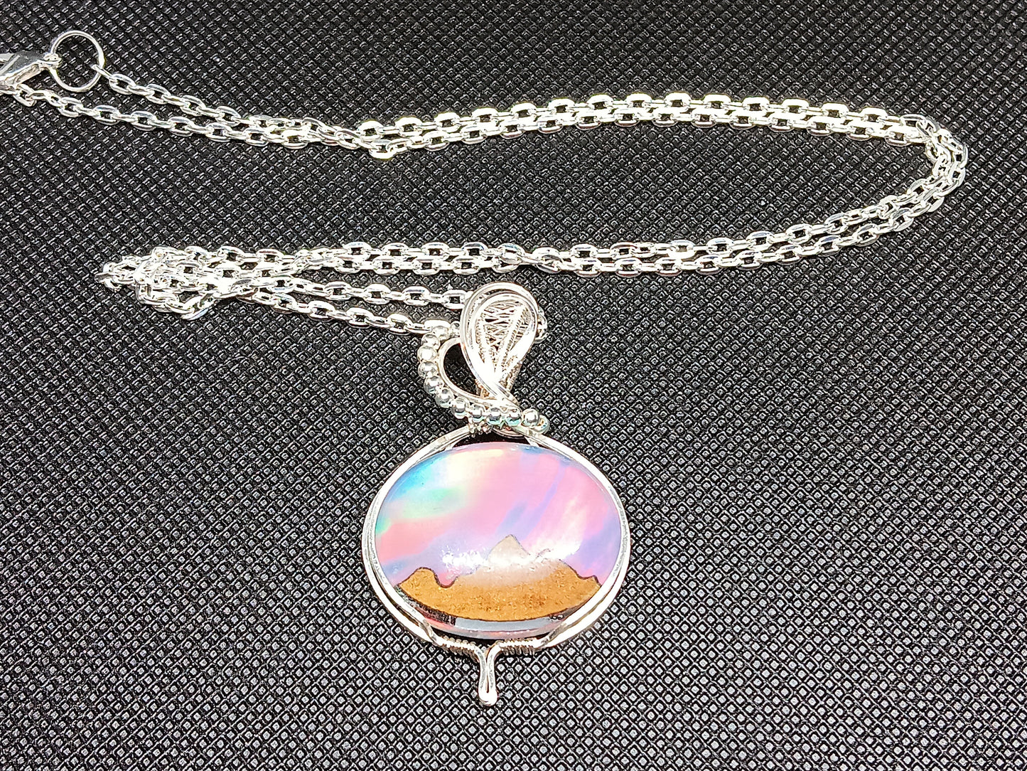 Aurora Opal with Wood Mountains Inlayed Doublet Silver Pendant