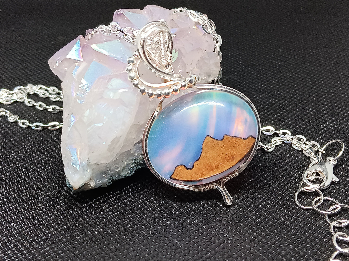 Aurora Opal with Wood Mountains Inlayed Doublet Silver Pendant