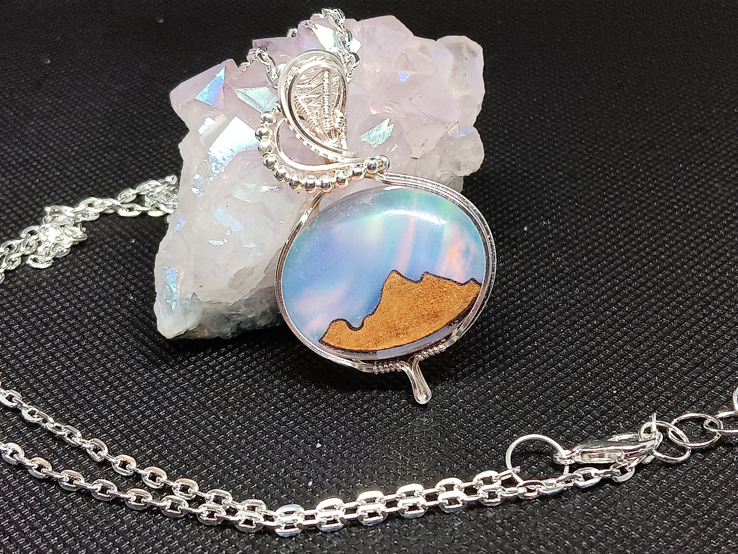 Aurora Opal with Wood Mountains Inlayed Doublet Silver Pendant