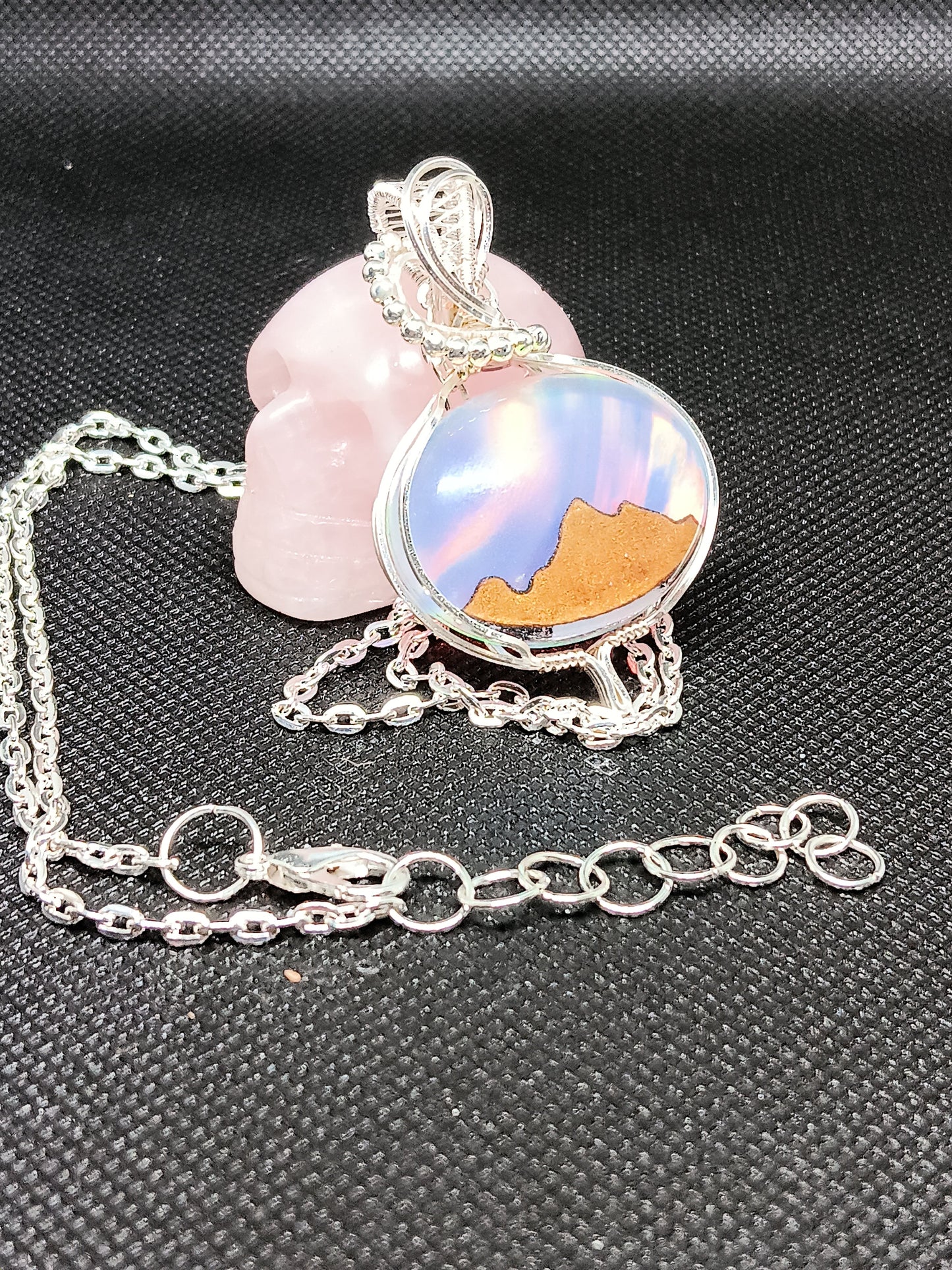 Aurora Opal with Wood Mountains Inlayed Doublet Silver Pendant