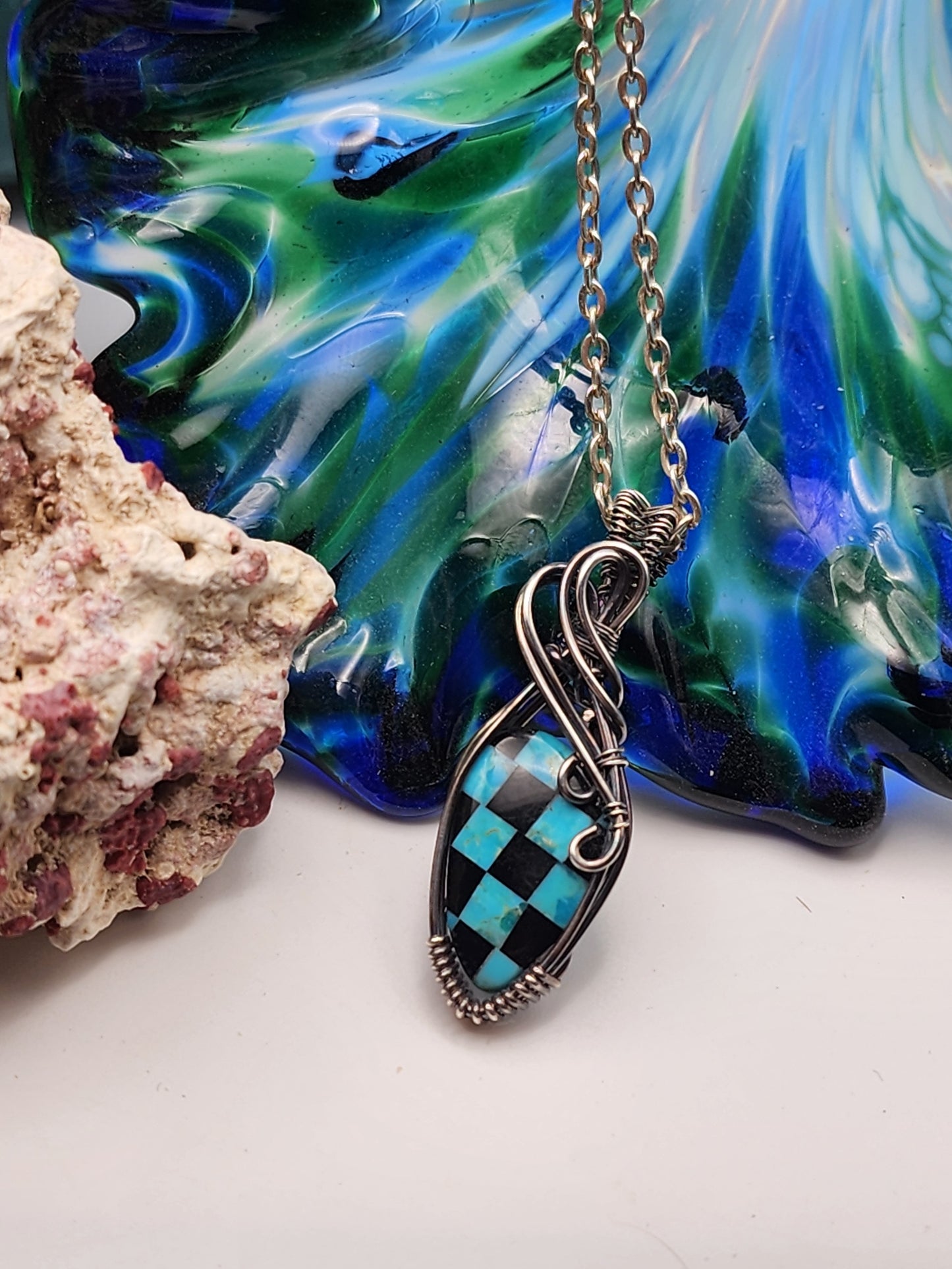 Turquoise, Onyx, Checkerboard, Flame cut, Turquoise Pendant, Turquoise Jewelry, Onyx Pendant