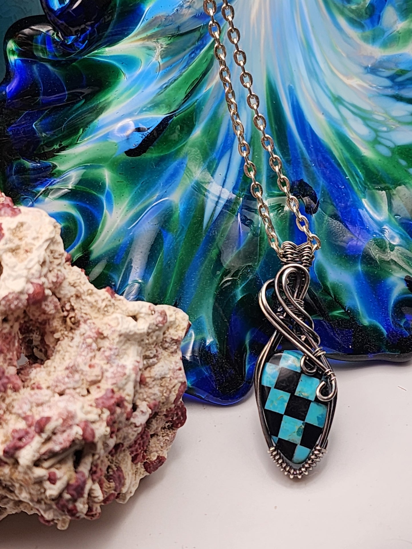 Turquoise, Onyx, Checkerboard, Flame cut, Turquoise Pendant, Turquoise Jewelry, Onyx Pendant