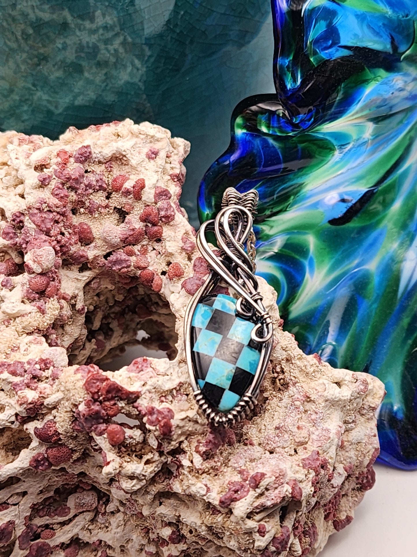 Turquoise, Onyx, Checkerboard, Flame cut, Turquoise Pendant, Turquoise Jewelry, Onyx Pendant