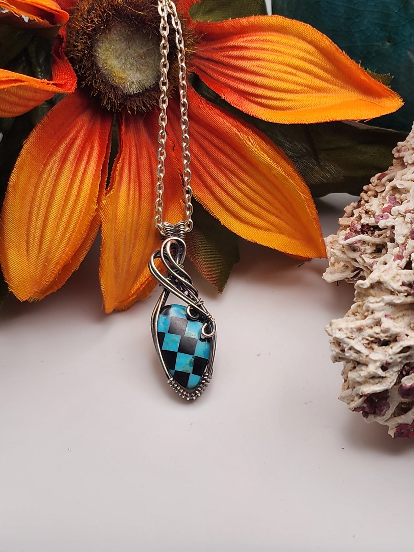 Turquoise, Onyx, Checkerboard, Flame cut, Turquoise Pendant, Turquoise Jewelry, Onyx Pendant