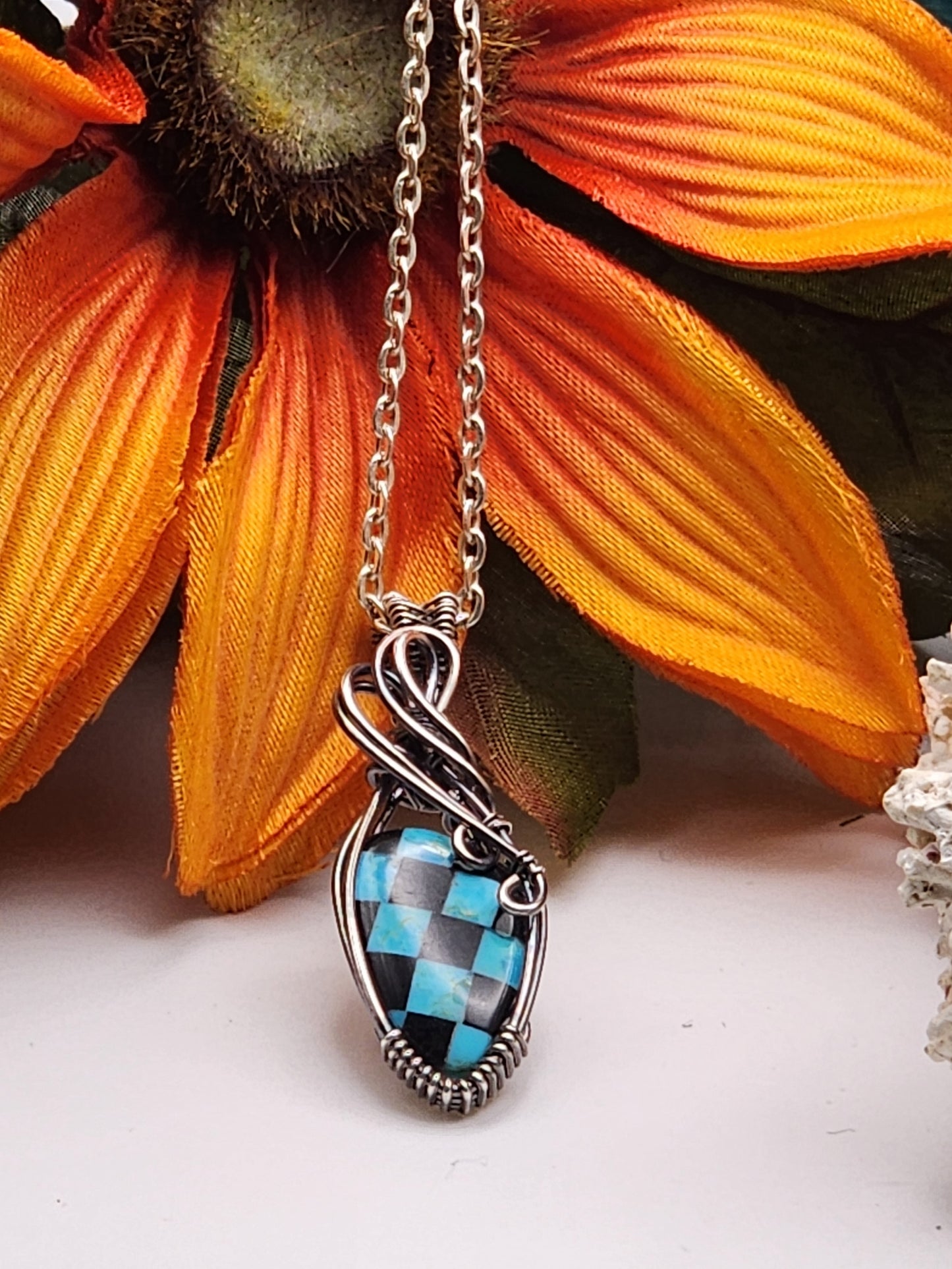 Turquoise, Onyx, Checkerboard, Flame cut, Turquoise Pendant, Turquoise Jewelry, Onyx Pendant