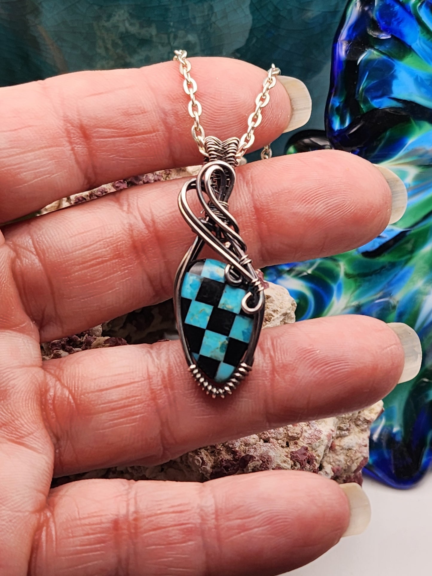 Turquoise, Onyx, Checkerboard, Flame cut, Turquoise Pendant, Turquoise Jewelry, Onyx Pendant