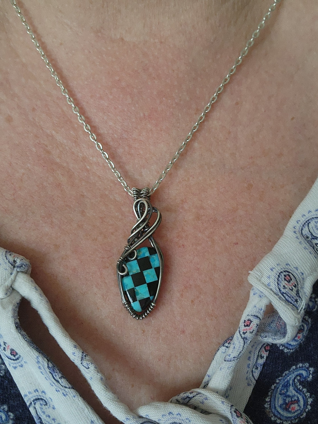 Turquoise, Onyx, Checkerboard, Flame cut, Turquoise Pendant, Turquoise Jewelry, Onyx Pendant