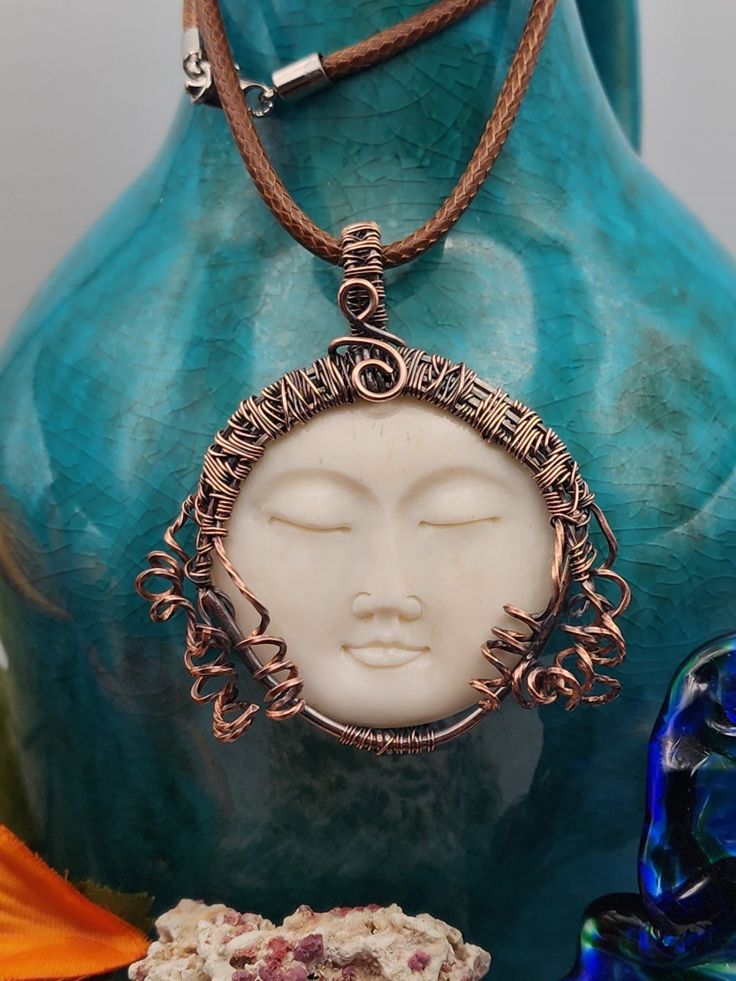 Carved Bone Moon/Sun Face, Carved Bone Pendant, Carved Bone Necklace, Copper Jewelry