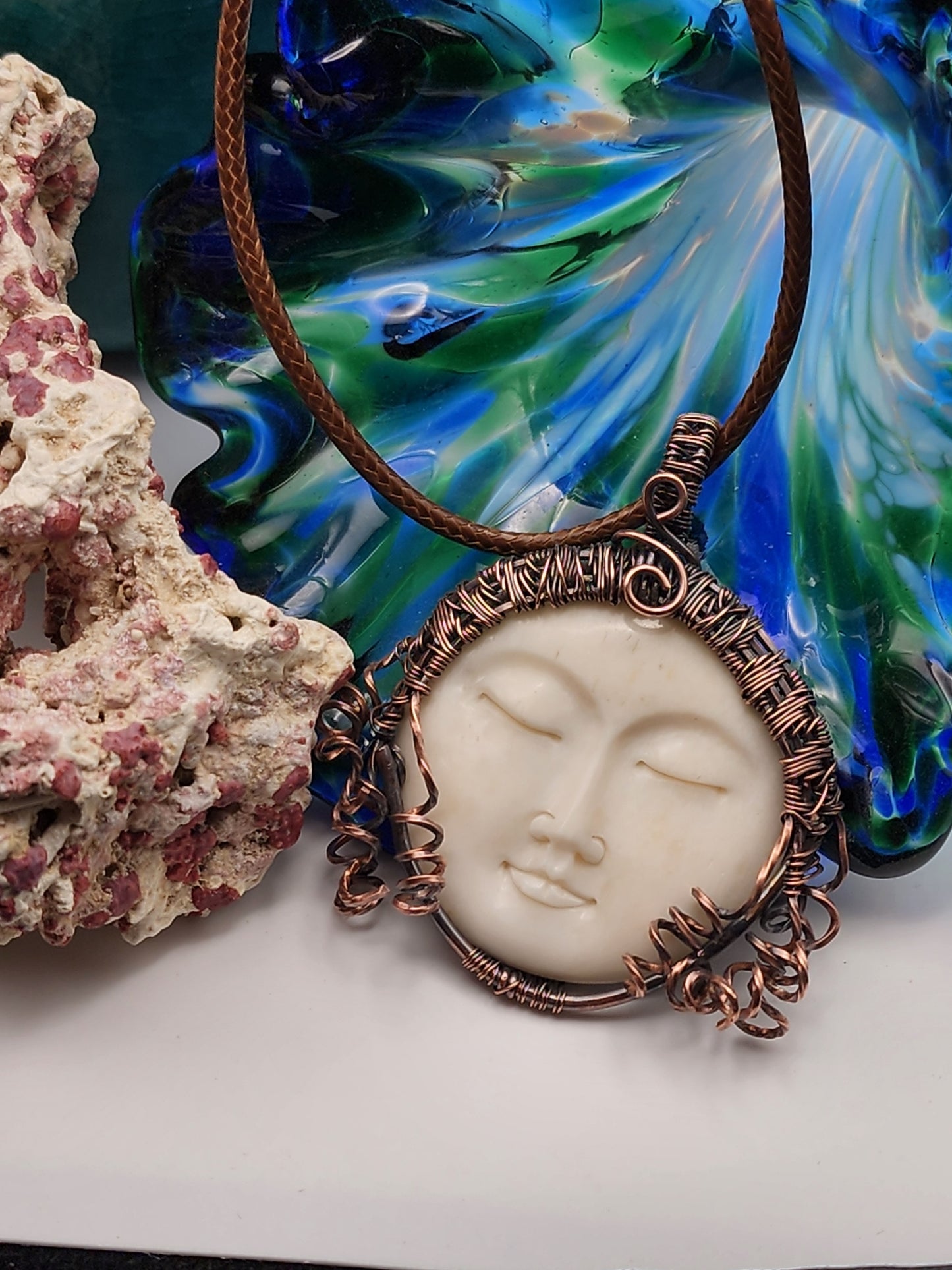 Carved Bone Moon/Sun Face, Carved Bone Pendant, Carved Bone Necklace, Copper Jewelry