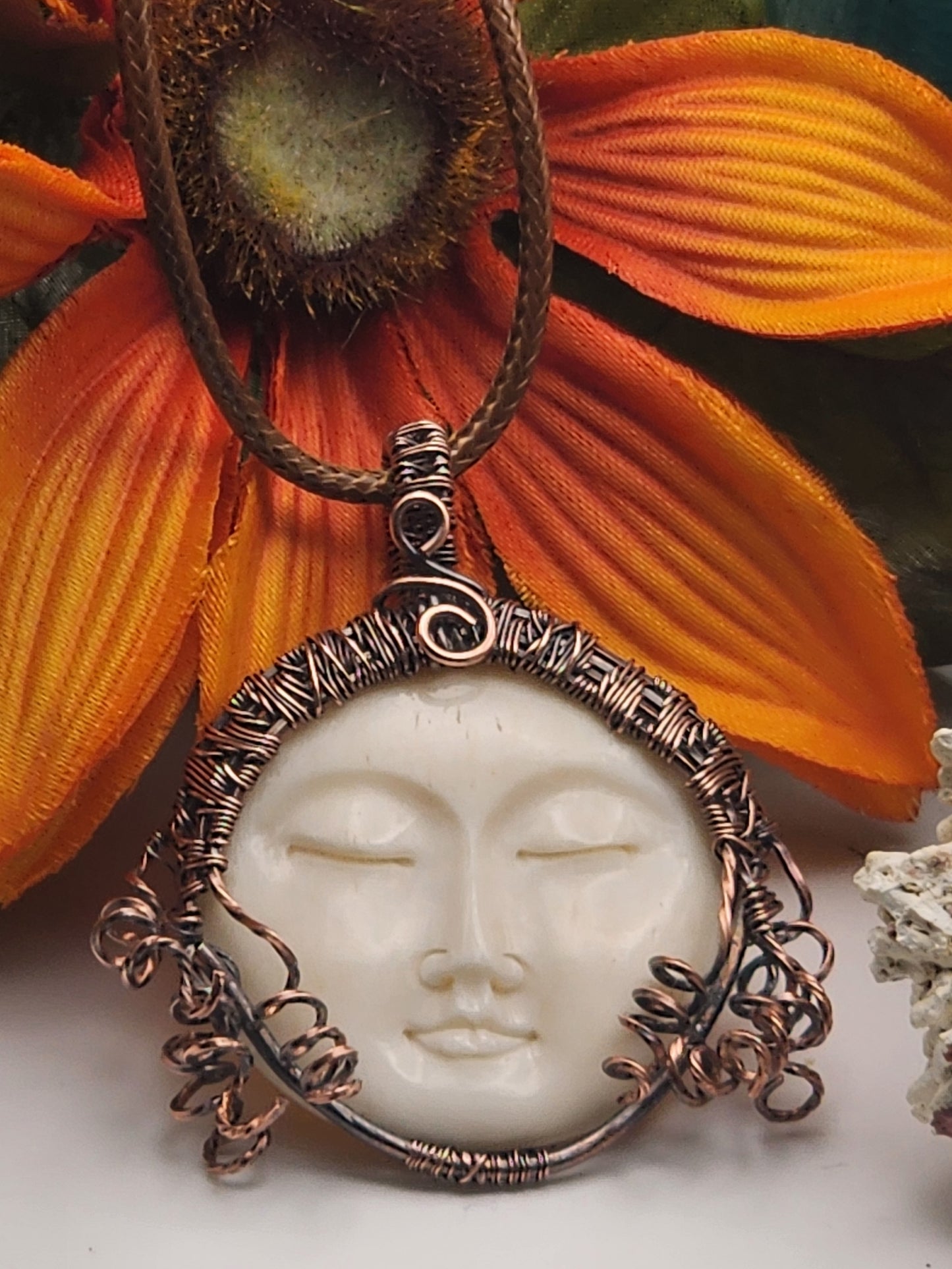 Carved Bone Moon/Sun Face, Carved Bone Pendant, Carved Bone Necklace, Copper Jewelry