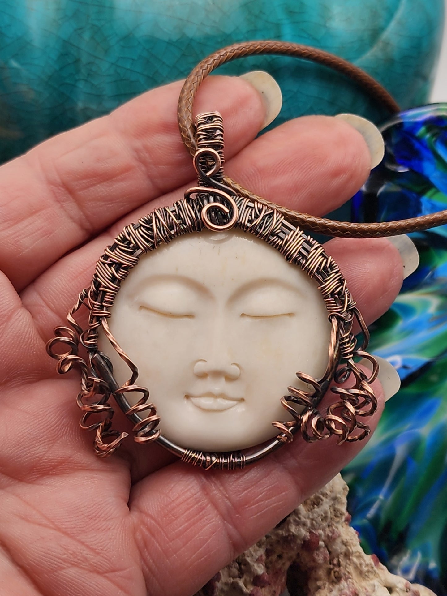 Carved Bone Moon/Sun Face, Carved Bone Pendant, Carved Bone Necklace, Copper Jewelry