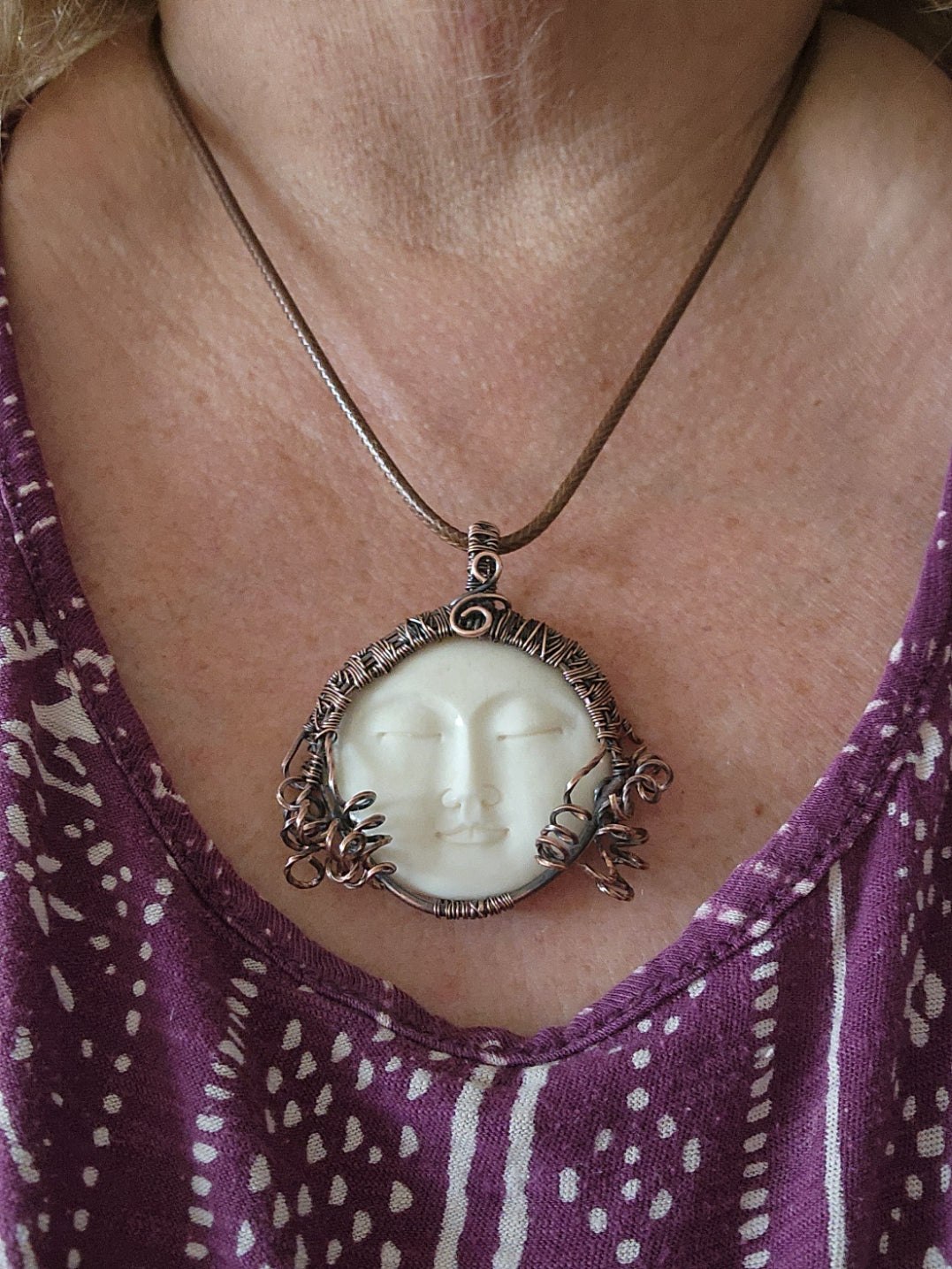 Carved Bone Moon/Sun Face, Carved Bone Pendant, Carved Bone Necklace, Copper Jewelry