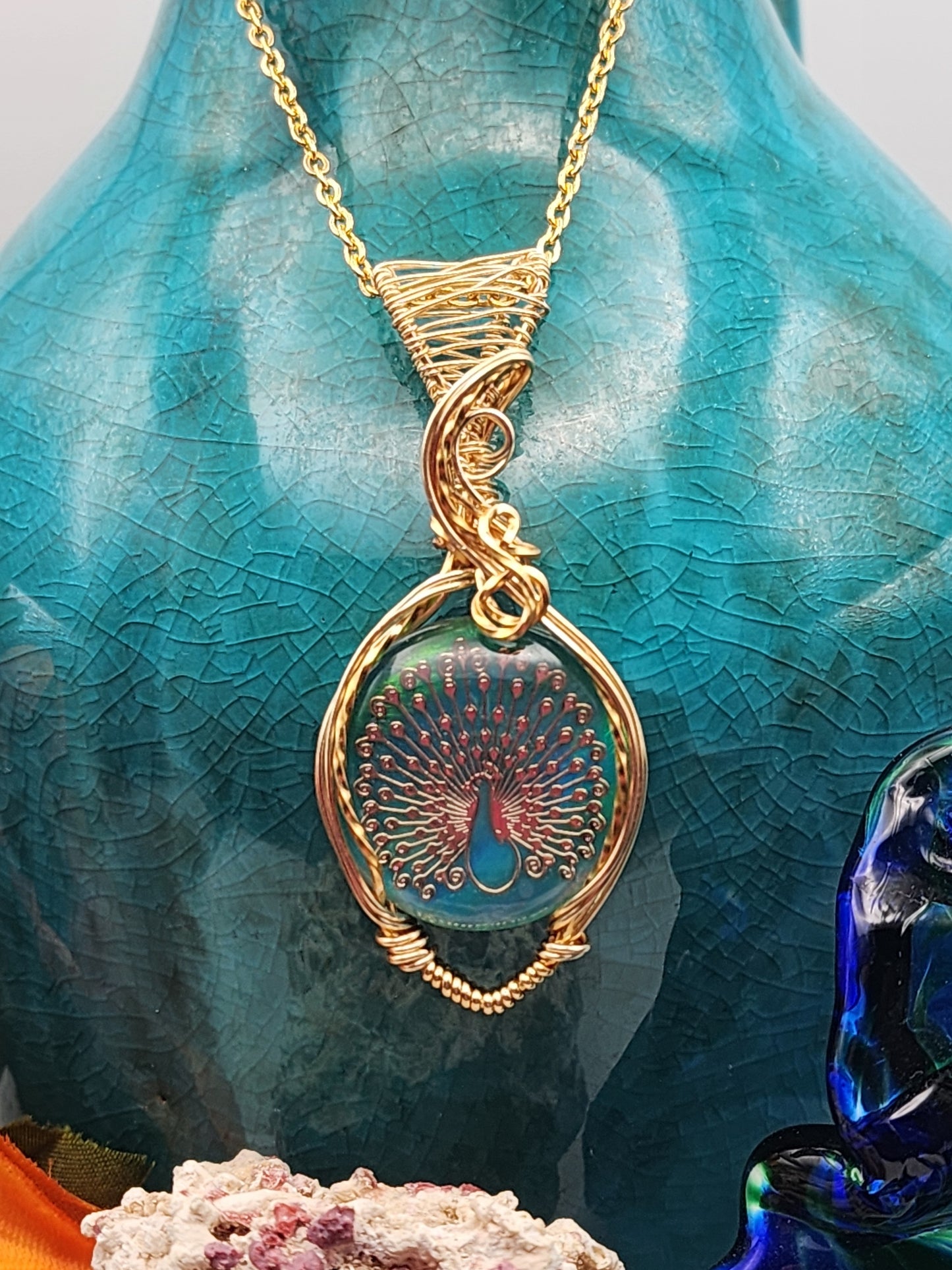 Aura Opal, Aura Opal Pendant, Peacock Inlay Pendant, Peacock Pendant, Gold Inlay Peacock